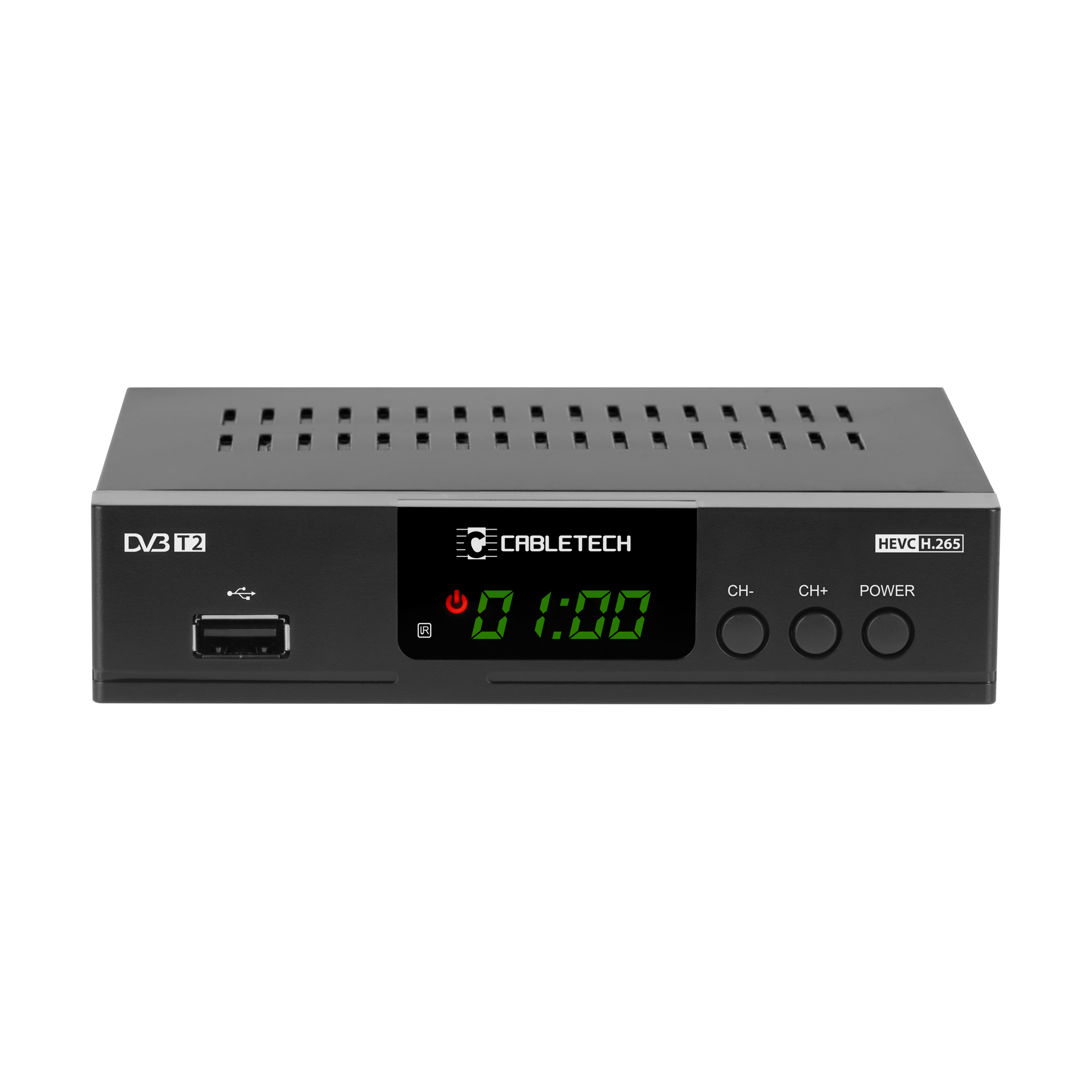 Czarny odbiornik Cabletech DVB T2. Posiada wyświetlacz z godziną 01:00, z przyciskami zasilania i kanału. Widoczny port USB.
