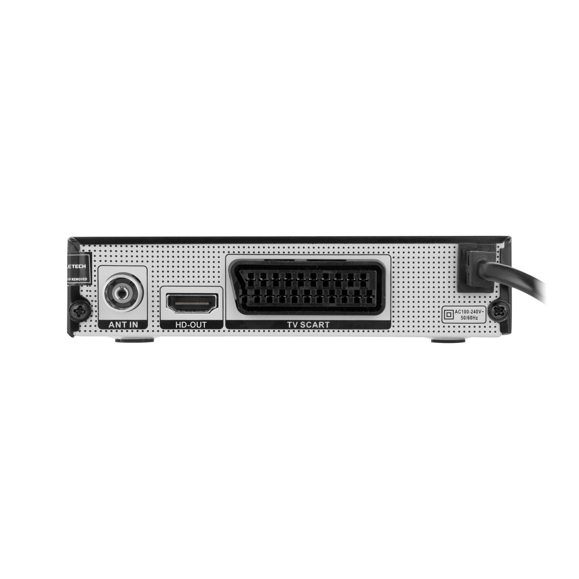 Tylny panel urządzenia z portami ANT IN, HD-OUT, TV SCART, wejściem zasilania i kablem.