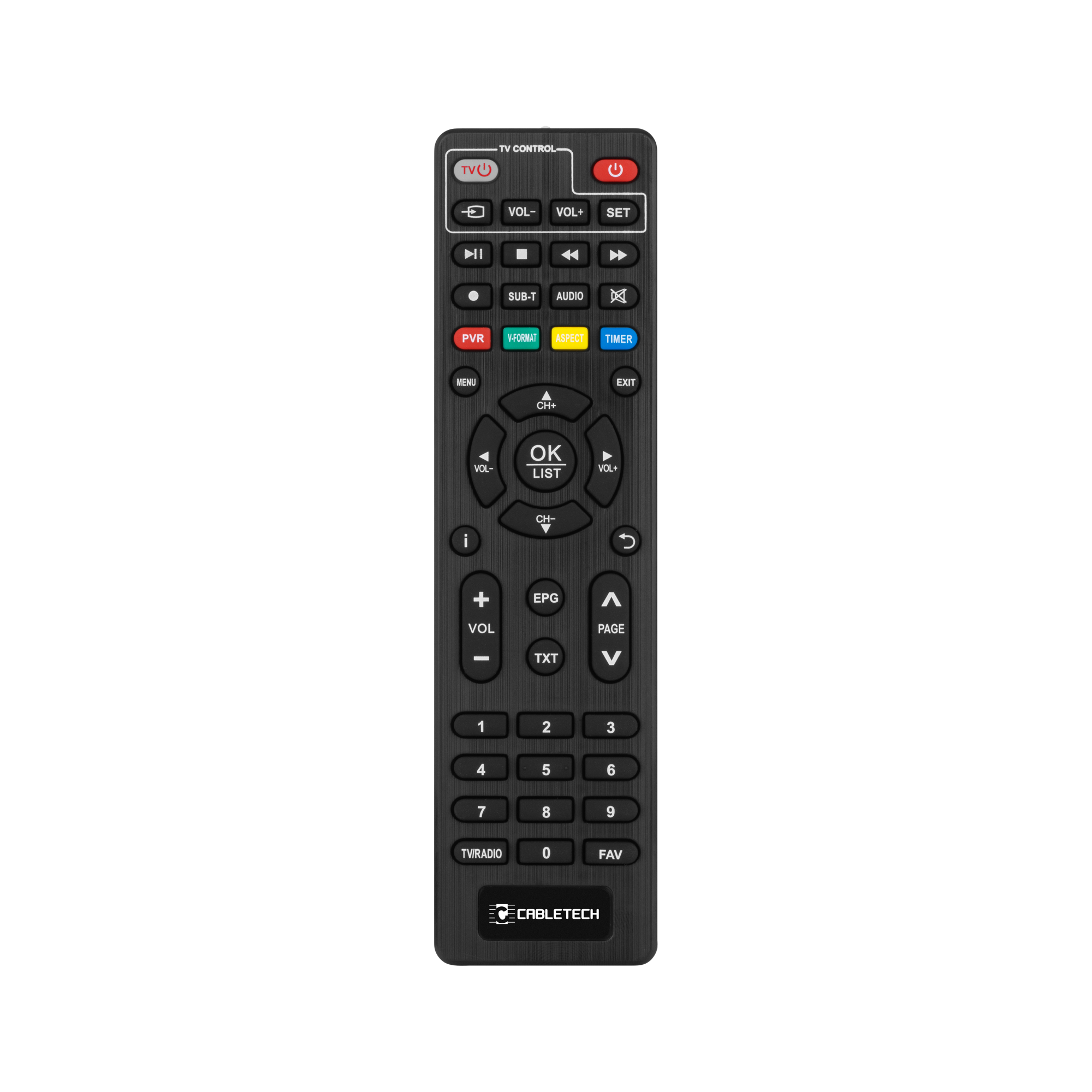 Czarny pilot do telewizora Cabletech z wieloma przyciskami, w tym numerami, głośnością i kontrolą kanałów.