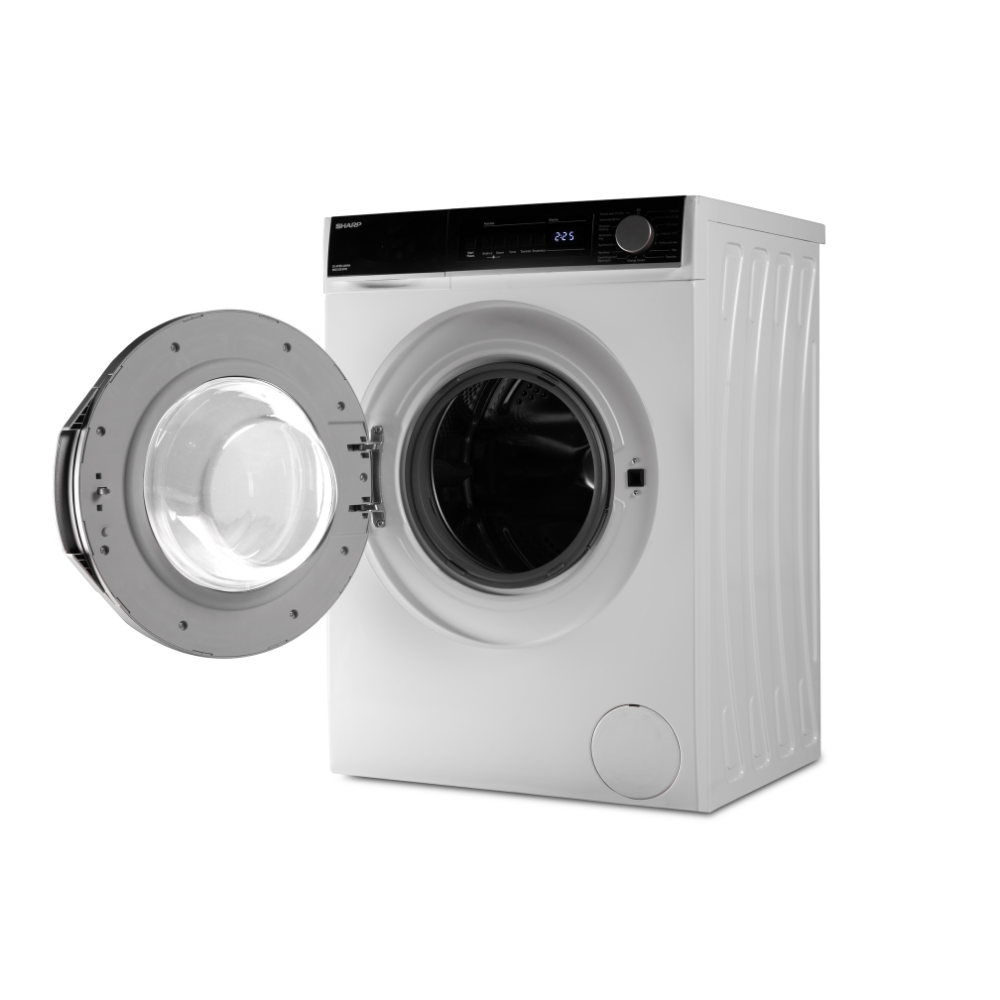 A white washing machine with an open door. The door is silver and the display shows 2:25. The background is white.