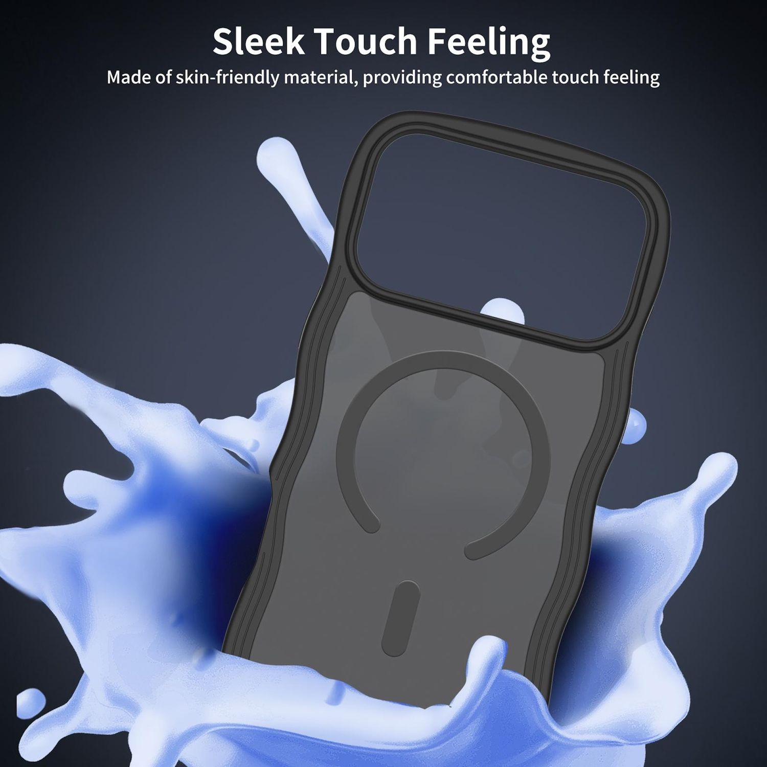 Schwarze Handyhülle mit einem Spritzer blauer Flüssigkeit. Text: 'Sleek Touch Feeling' und 'Made of skin-friendly material'.