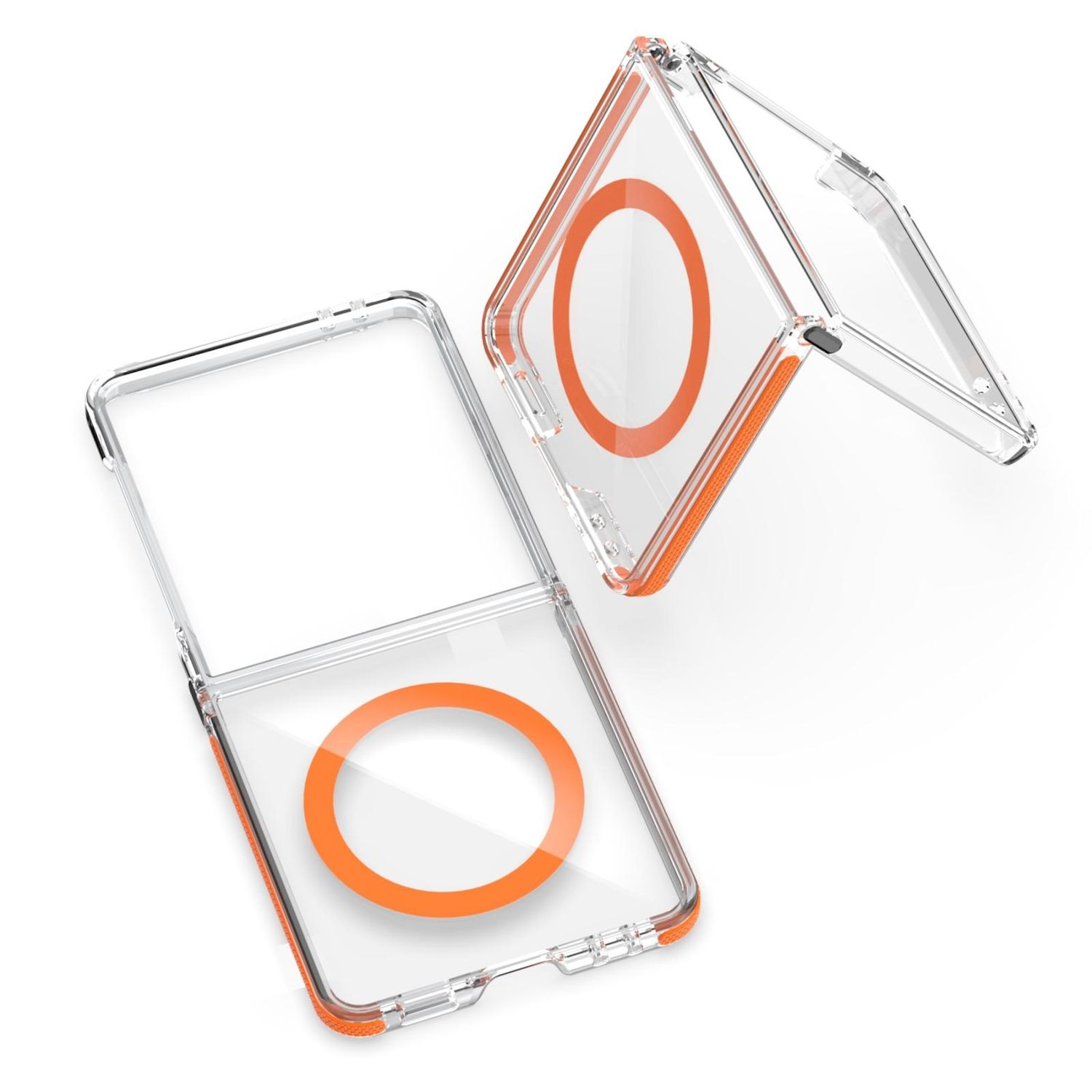 Transparente Handyhülle mit orangefarbenen Akzenten und Kreisdesign. Die Hülle ist offen, mit Scharnier und Innenkreis.