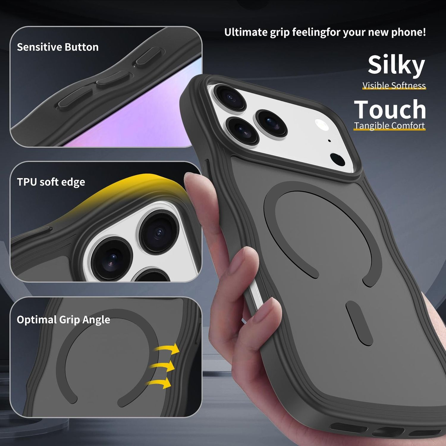 Eine Hand hält eine Handyhülle mit grauem und schwarzem Design. Highlights sind 'Silky Touch', 'Sensitive Button' und 'Optimal Grip Angle'.