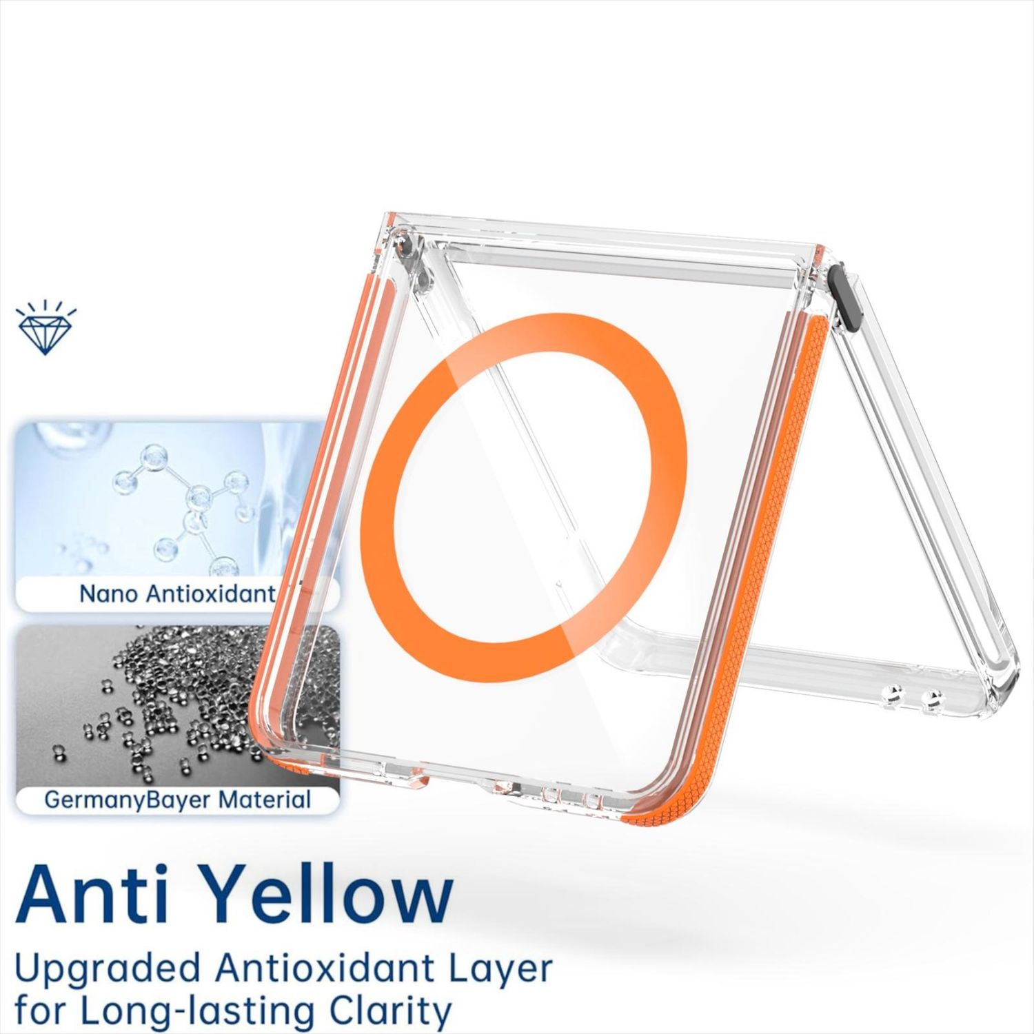 Transparente Handyhülle mit orangefarbenen Akzenten und einem kreisförmigen Designelement, mit Text zur Förderung der Anti-Vergilbungs- und Antioxidans-Eigenschaften.