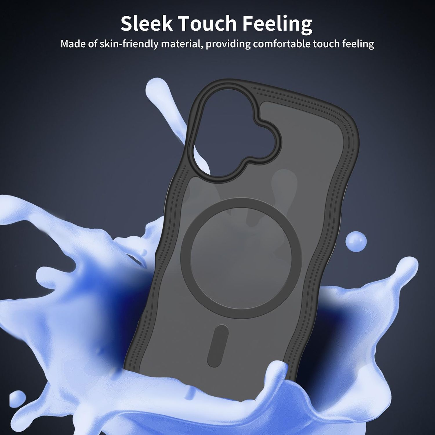 Schwarze Handyhülle mit grauem Zentrum, umgeben von einem blauen Spritzer auf dunklem Hintergrund. Text: 'Sleek Touch Feeling'.