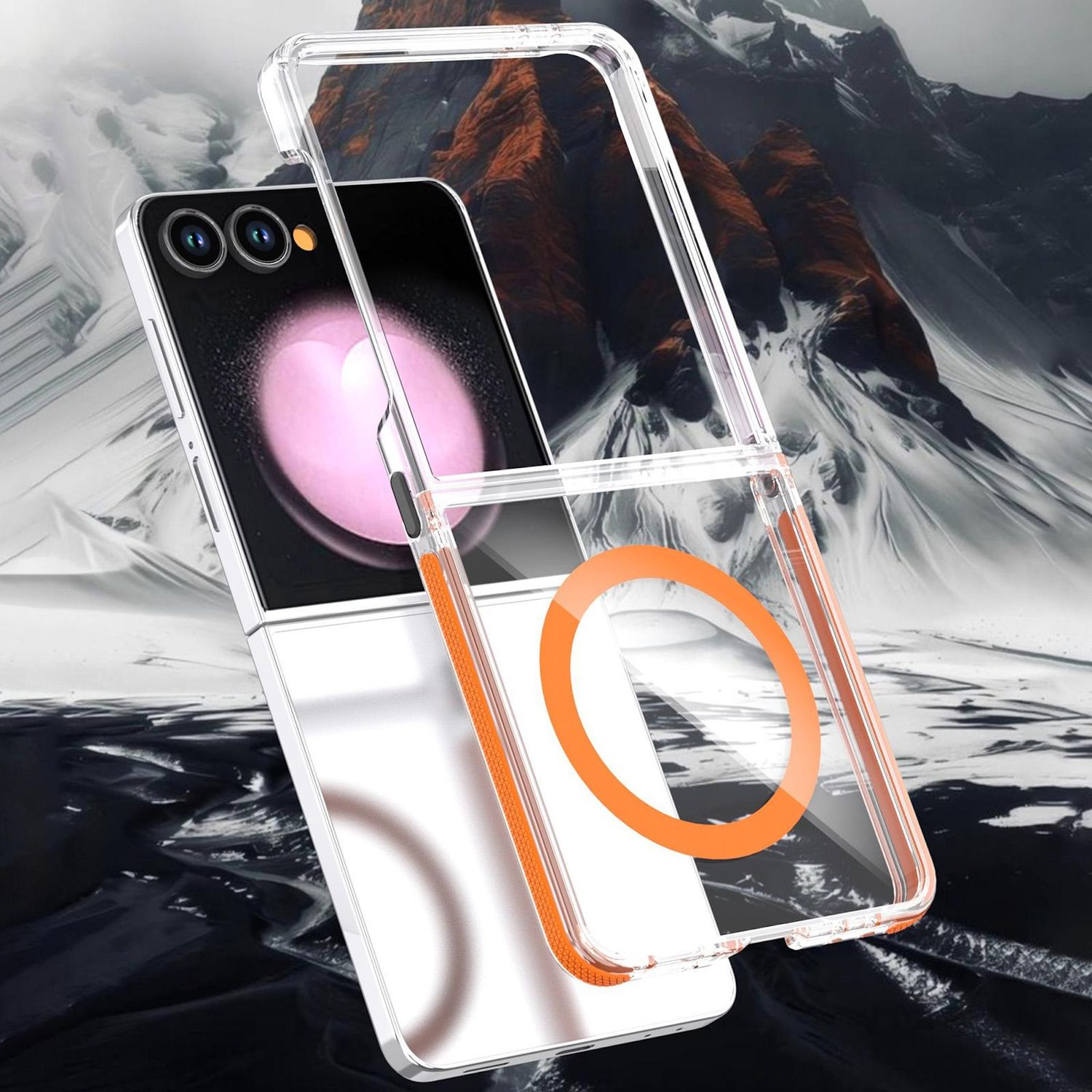 Eine transparente Handyhülle mit orangefarbenen Akzenten liegt über einem weiß-schwarzen Telefon. Der Hintergrund zeigt eine Bergkette.