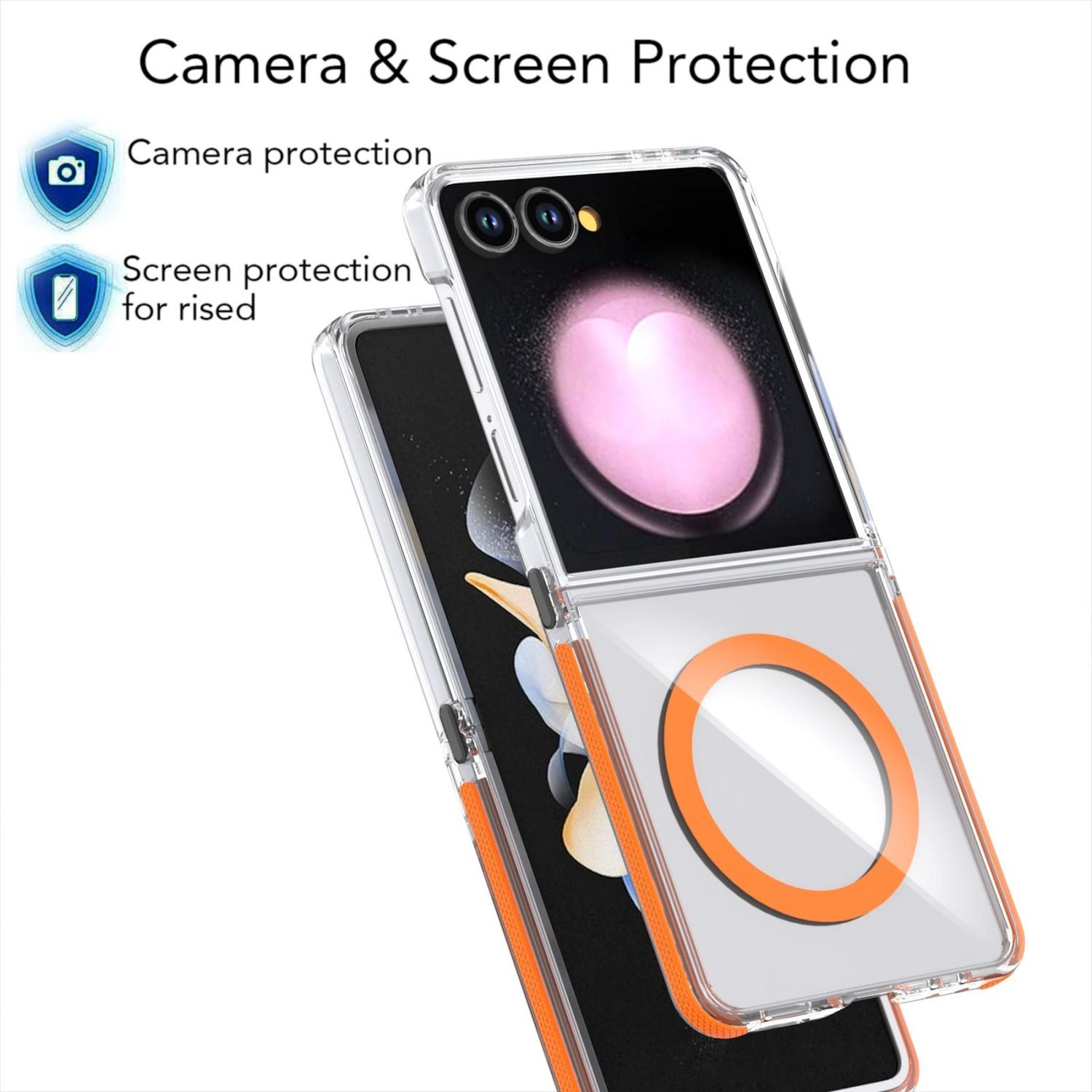 Eine transparente Handyhülle mit orangefarbenem Rand, geöffnet, um das Telefon zu zeigen. Die Hülle hat Kamera- und Bildschirmschutzfunktionen.