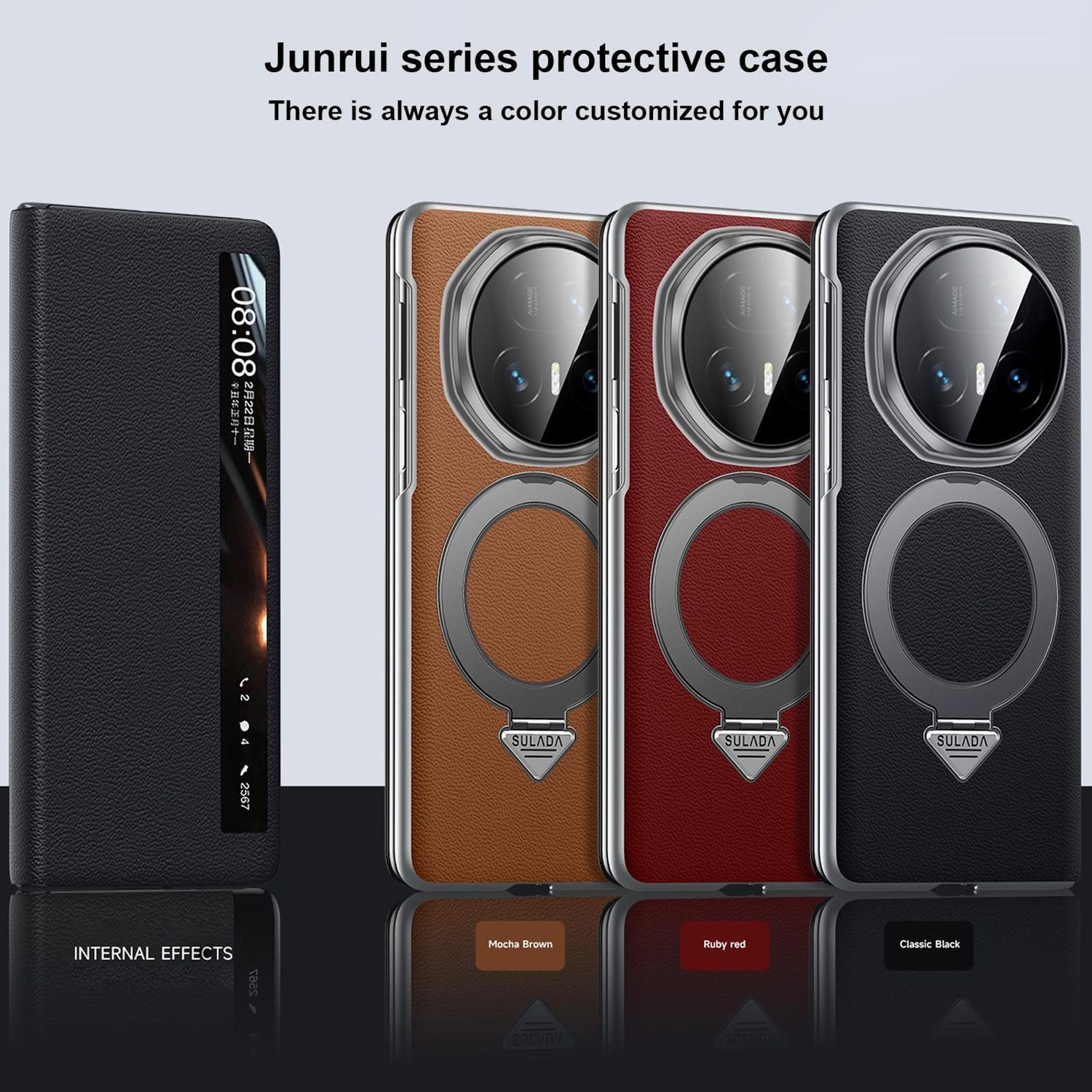 Schutzhüllen für Telefone in Braun, Rot und Schwarz. Mit einer Abdeckung mit Uhrenanzeige und den Etiketten Mocha Brown, Ruby Red und Classic Black.