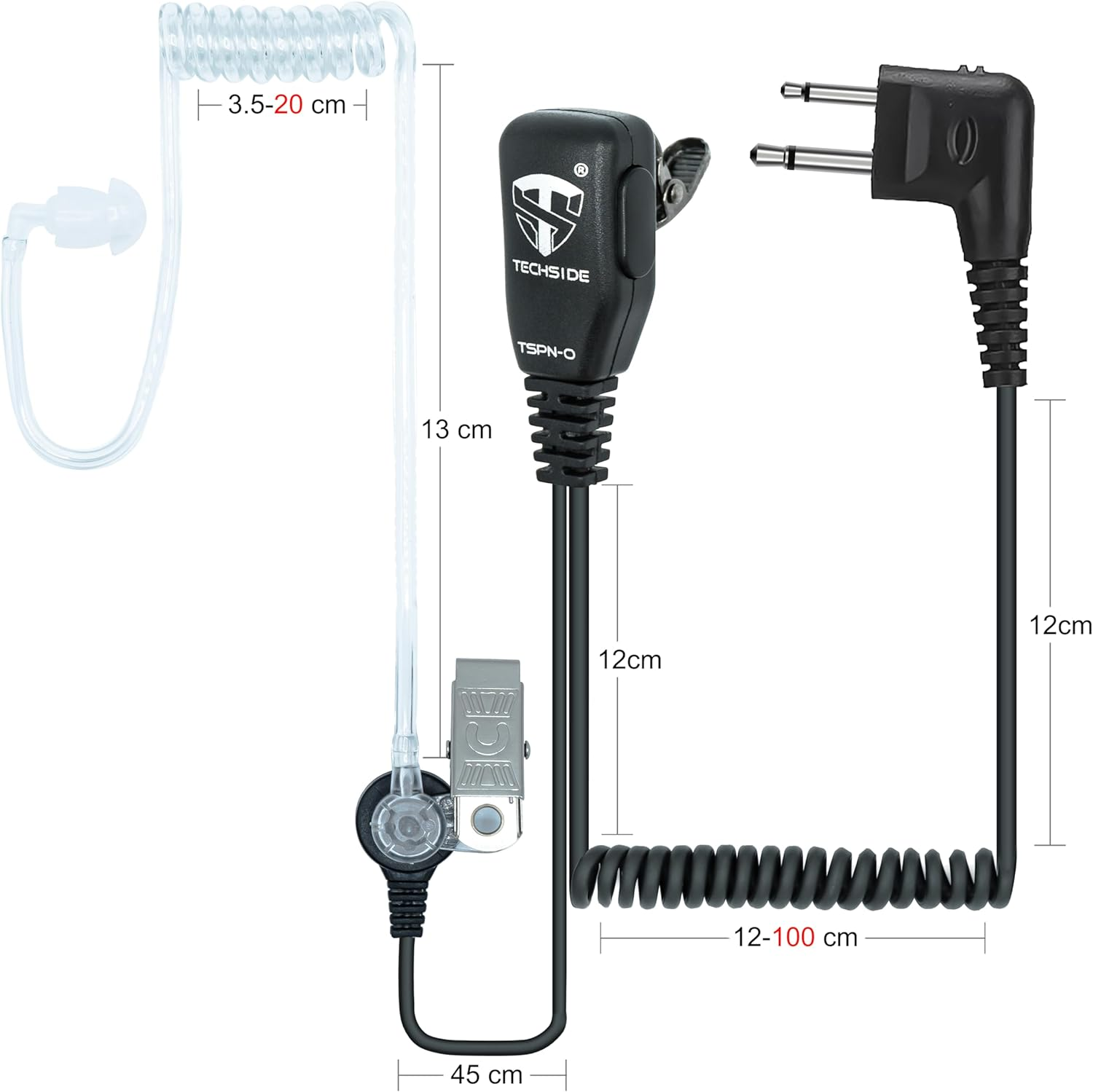 Auricolare nero con filo a spirale, microfono e connettore. Sono indicate le misure delle parti principali. L'etichetta recita TECHSIDE TSPN-O.