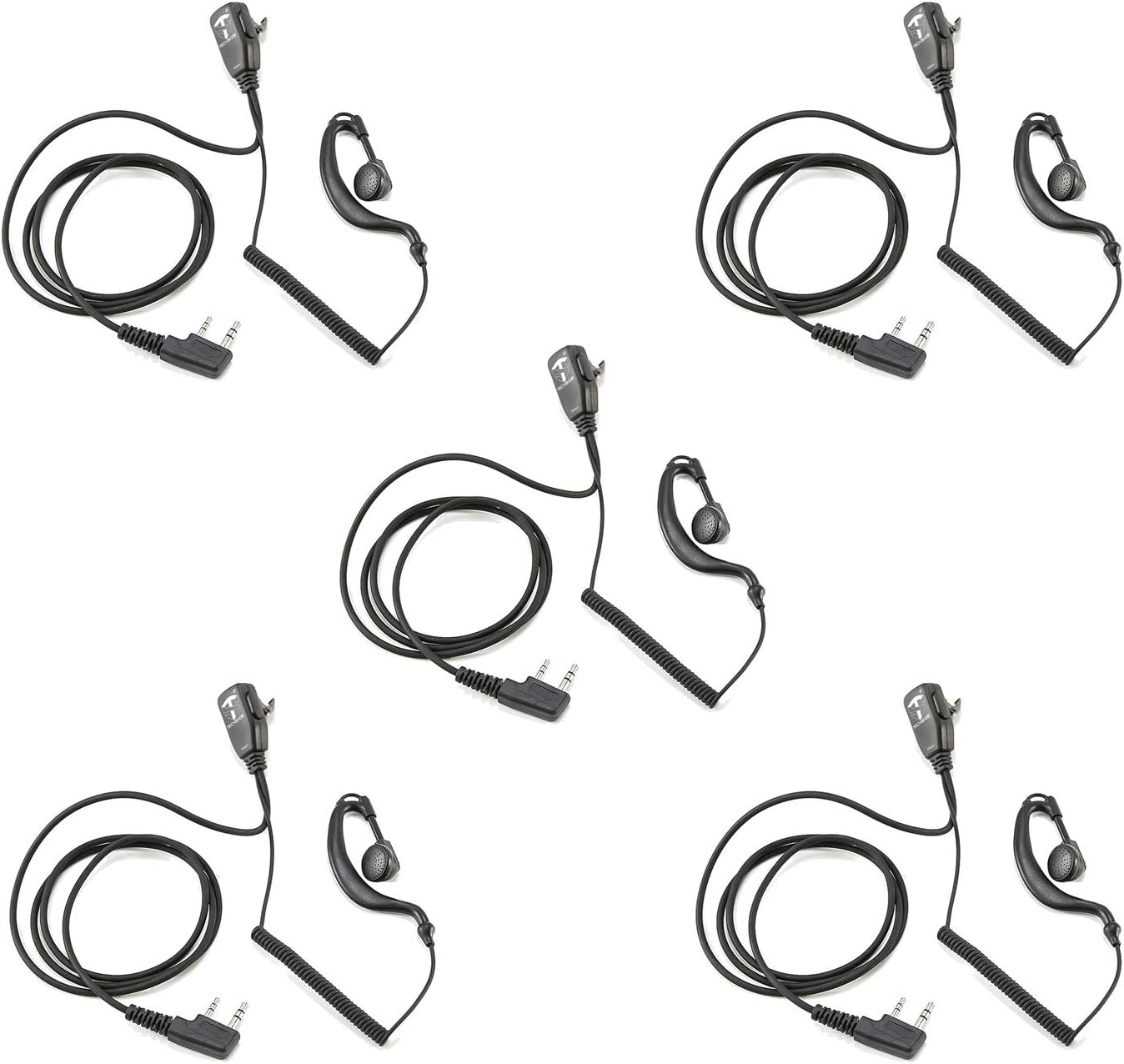 Diversi set di auricolari neri con cavi a spirale, microfoni e auricolari a gancio per l'orecchio disposti su sfondo bianco.