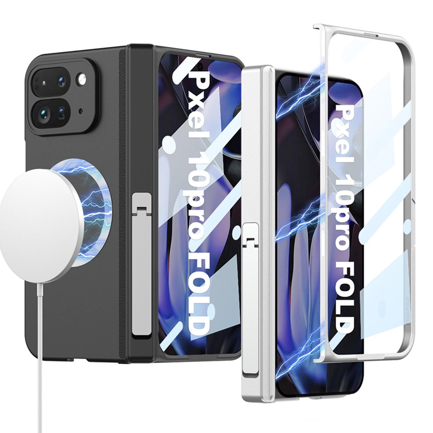 Eine Handyhülle mit faltbarem Telefondesign, ein weißes Ladegerät und die Worte 'Pixel 10pro FOLD' sind sichtbar.