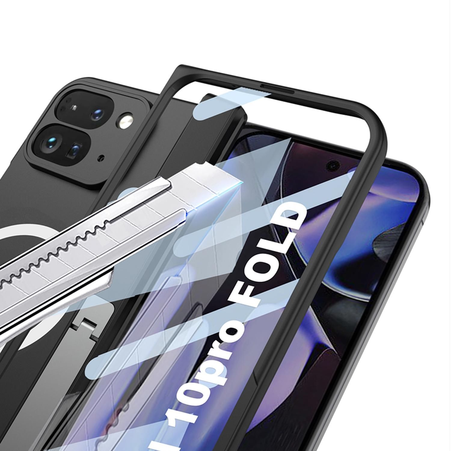 Ein Telefon mit Hülle. Das Telefon ist schwarz und die Hülle ist schwarz. Auf dem Telefon befindet sich ein Cutter.