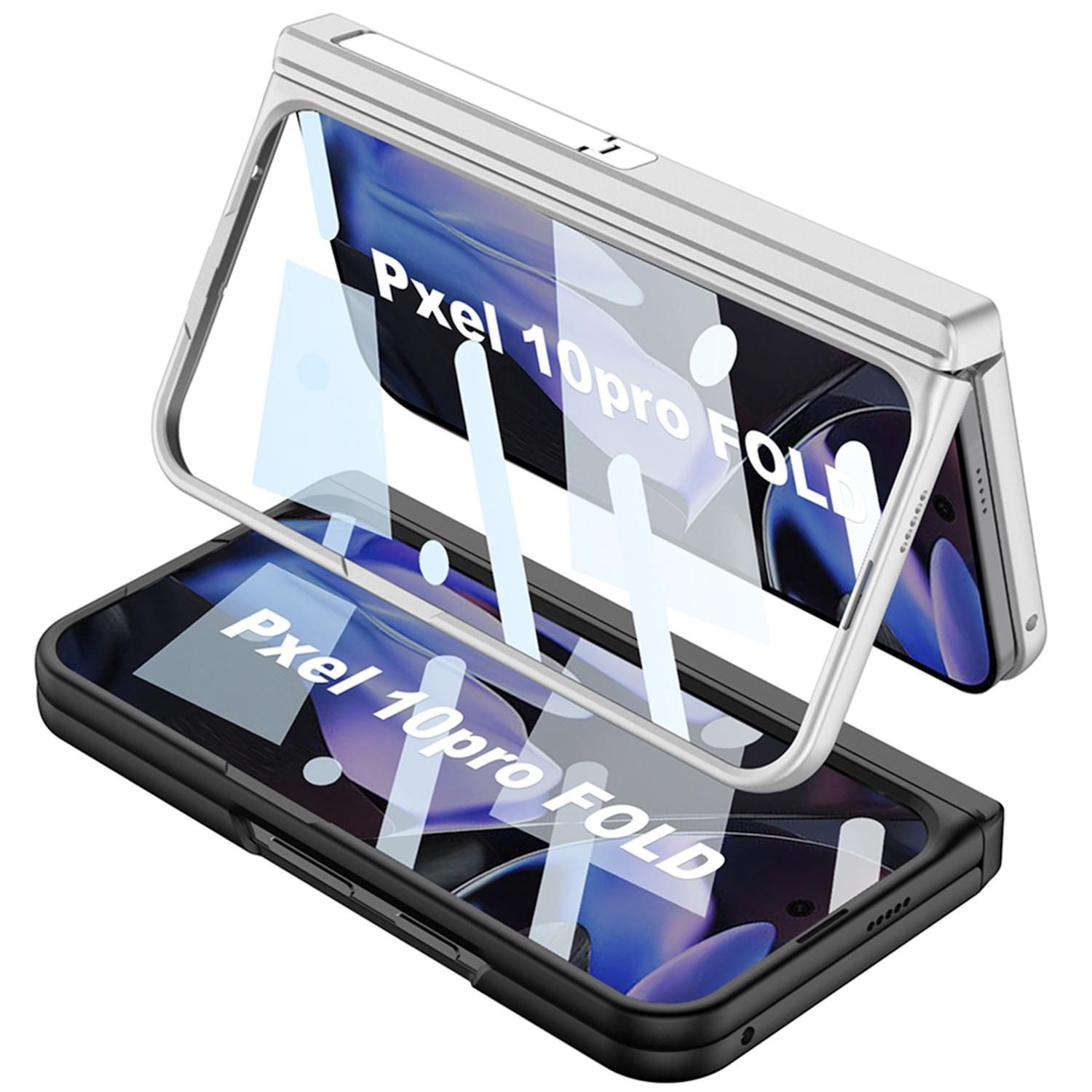 Eine silberne und schwarze Handyhülle für das Pixel 10pro Fold, in geöffneter Position. Der Bildschirm zeigt den Namen des Telefons.