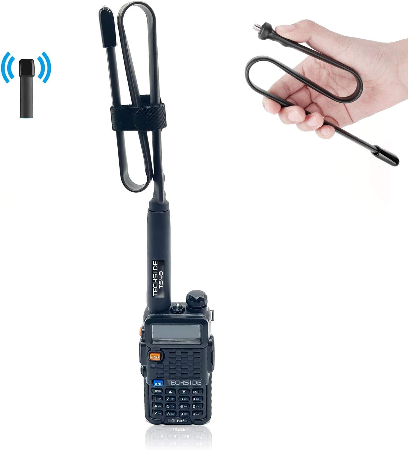 Una radio Techside TS48 nera con antenna e un'antenna separata tenuta in mano, con un simbolo wifi.