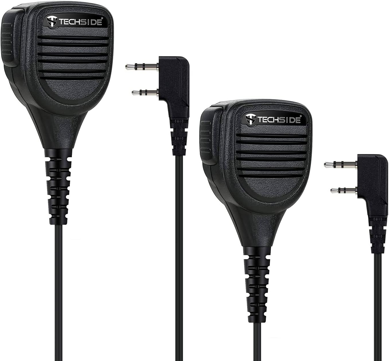 Due microfoni Techside neri con cavi e spine. I microfoni sono per una radio a due vie.