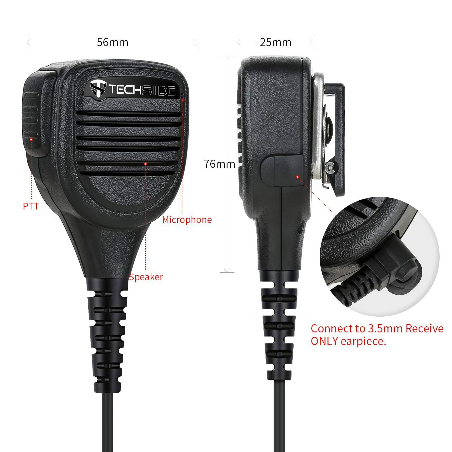Un microfono Techside nero con etichette per altoparlante, microfono e PTT. Ha una connessione per auricolari da 3,5 mm.