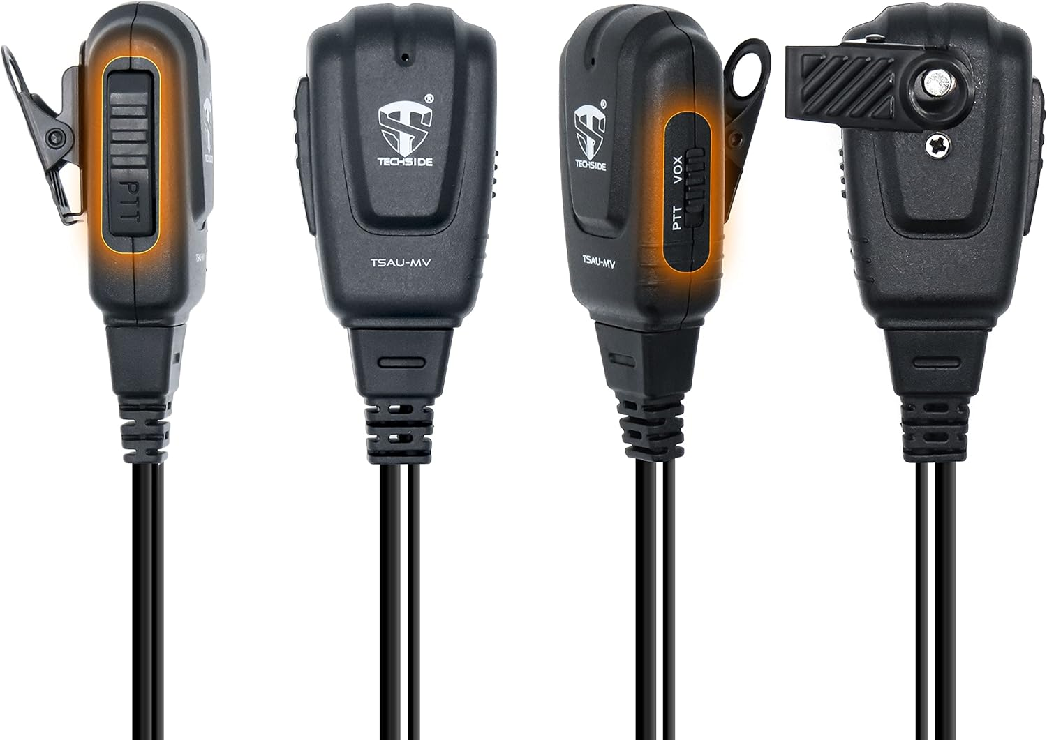 Quattro microfoni walkie-talkie neri con cavi. Ognuno mostra un lato diverso con clip, pulsante PTT o VOX e logo Techside.