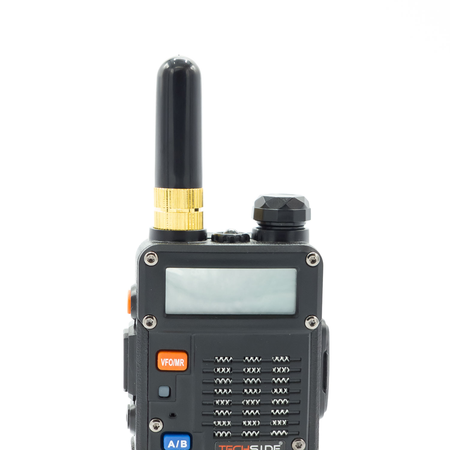 Una radio portatile nera con antenna, display e pulsanti. La radio è su sfondo bianco. Sono visibili i pulsanti VFO/MR e A/B.