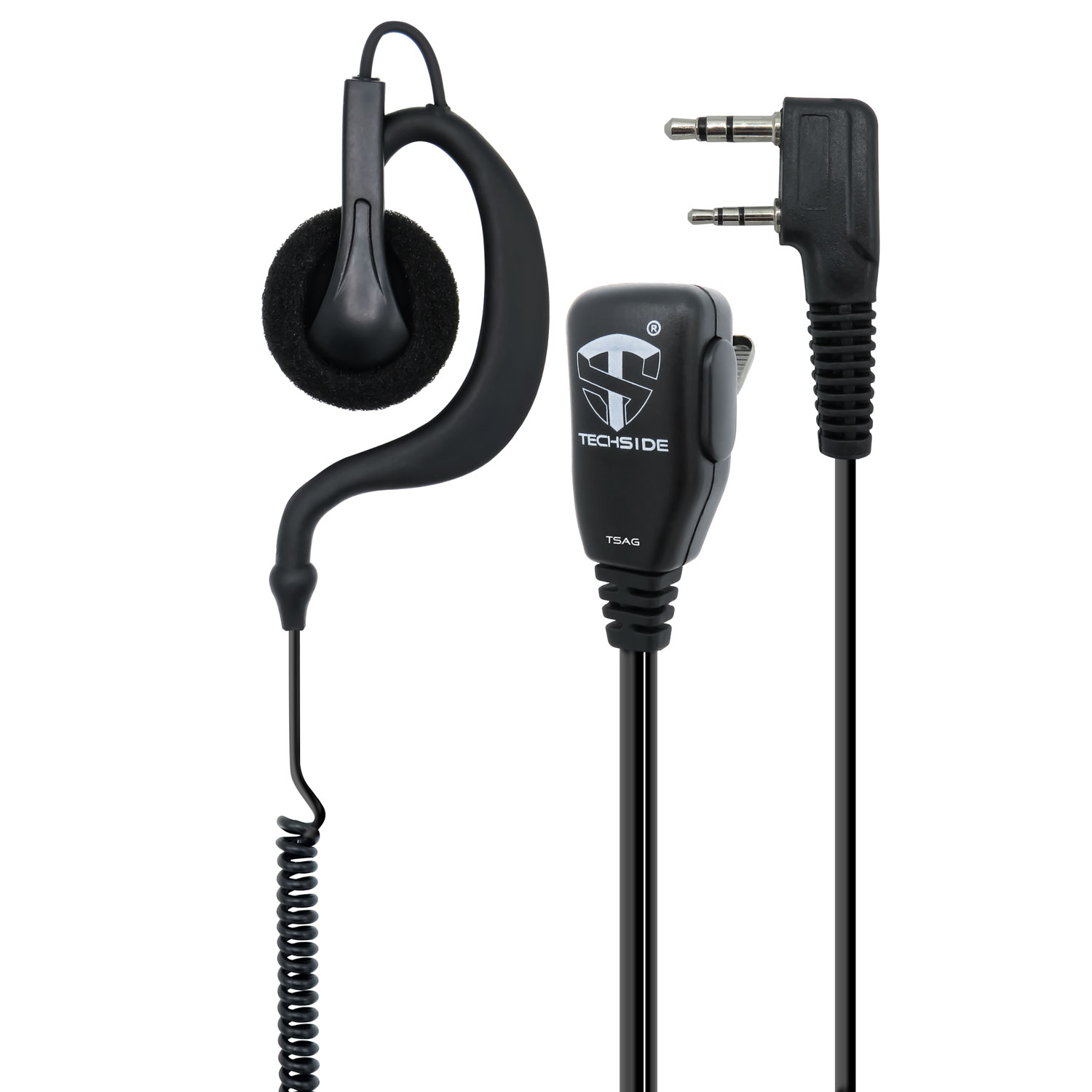 Un auricolare nero con microfono e connettore. L'auricolare ha un design curvo con altoparlante e cavo a spirale.