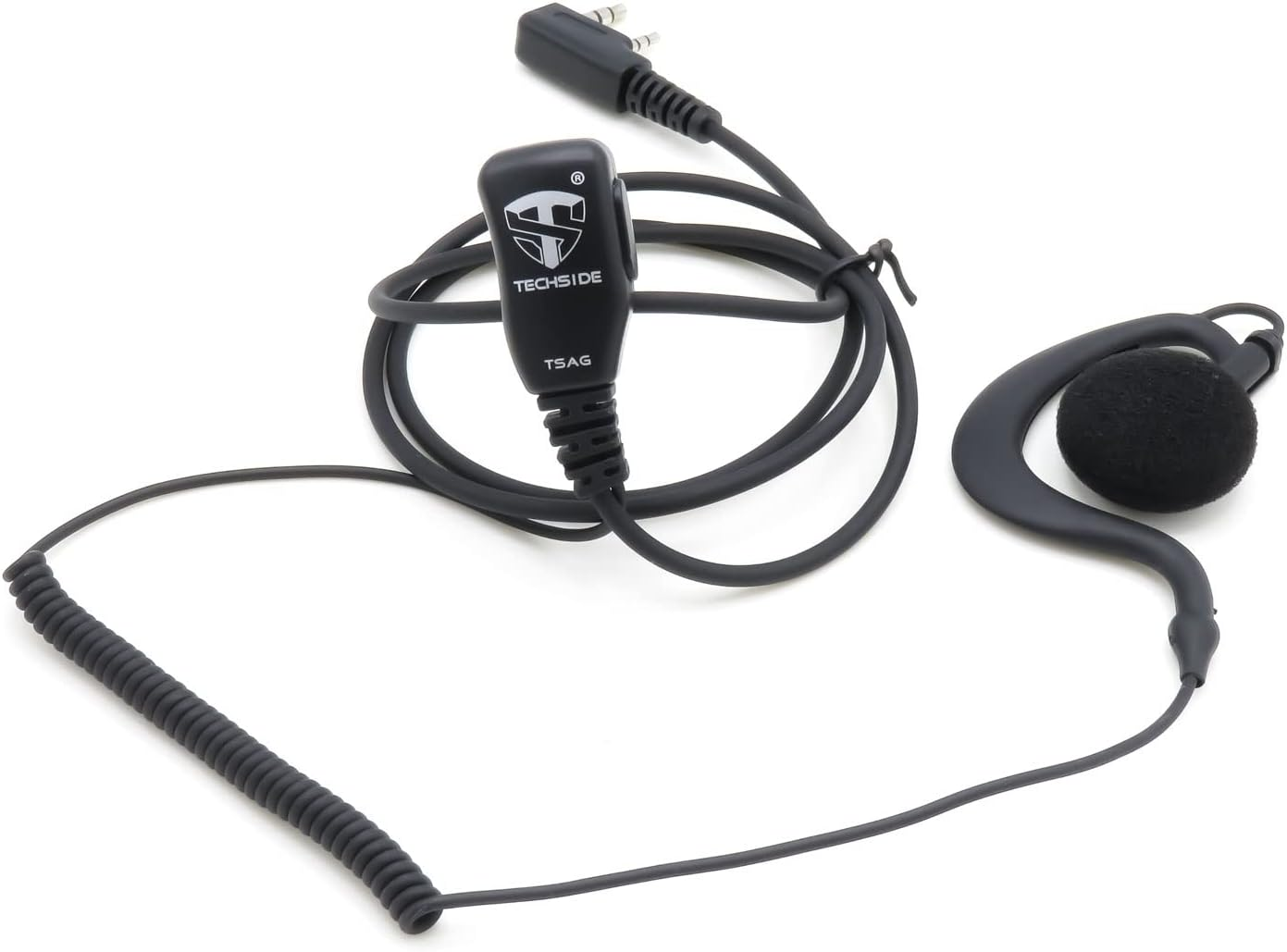 Cuffie Techside nere con auricolare, microfono e cavo a spirale. Le cuffie sono su sfondo bianco.