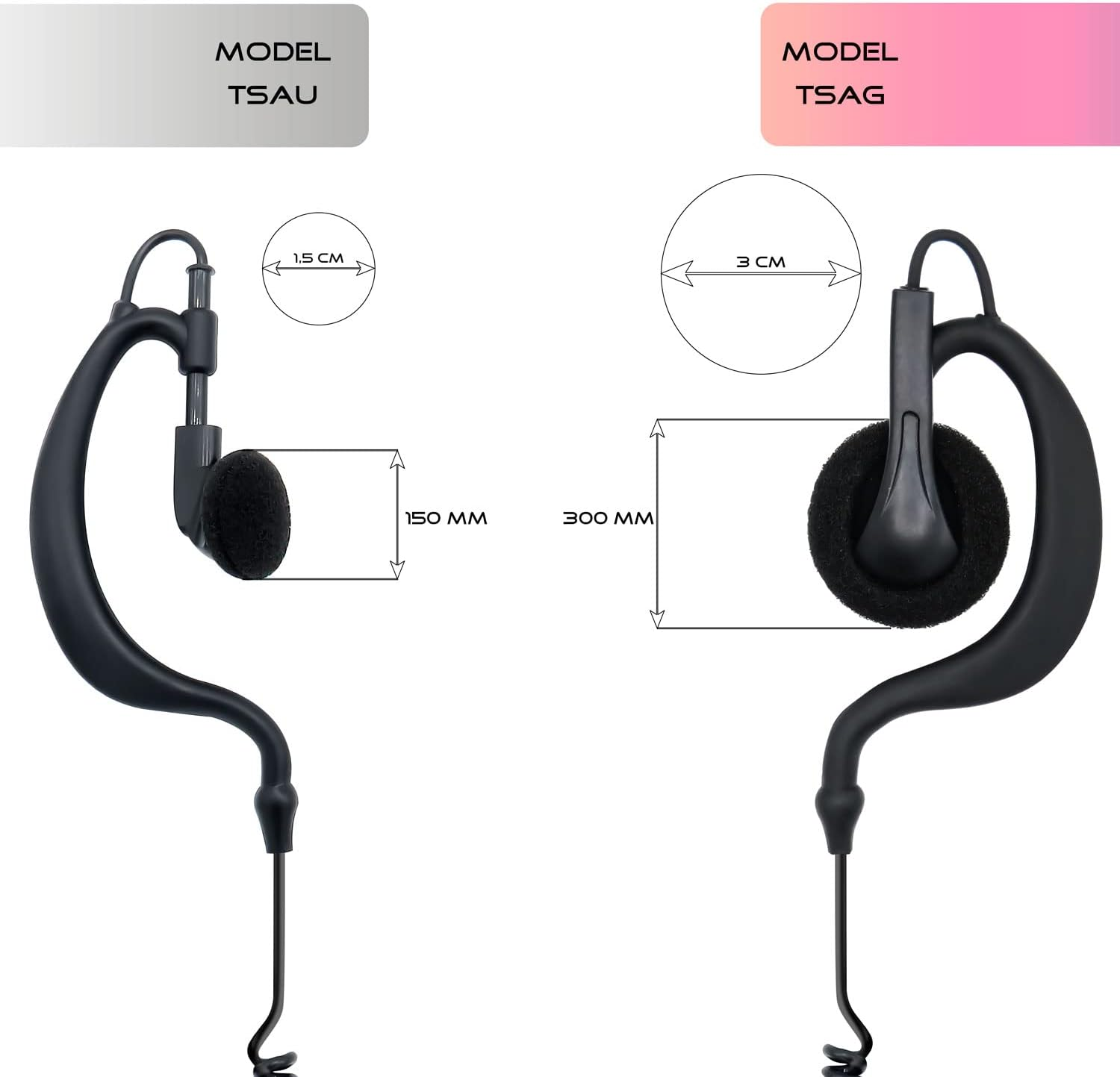 Due cuffie nere, modelli 'TSAU' e 'TSAG', con indicatori di dimensioni. Uno mostra 1,5 cm, l'altro 3 cm. Misure in mm indicate.