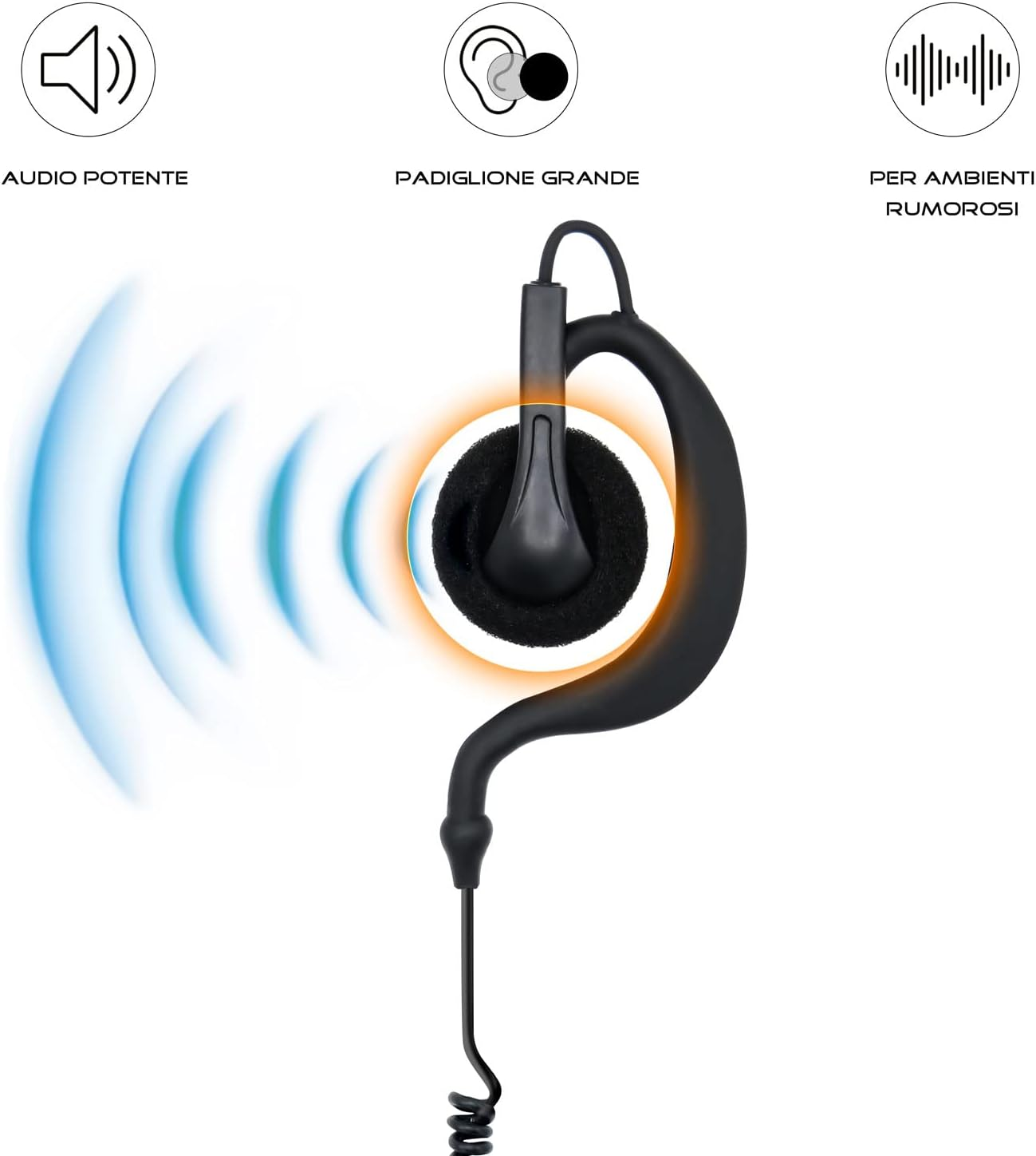 Un auricolare nero con un grande auricolare. Sono presenti icone per audio potente, auricolare grande e ambienti rumorosi.