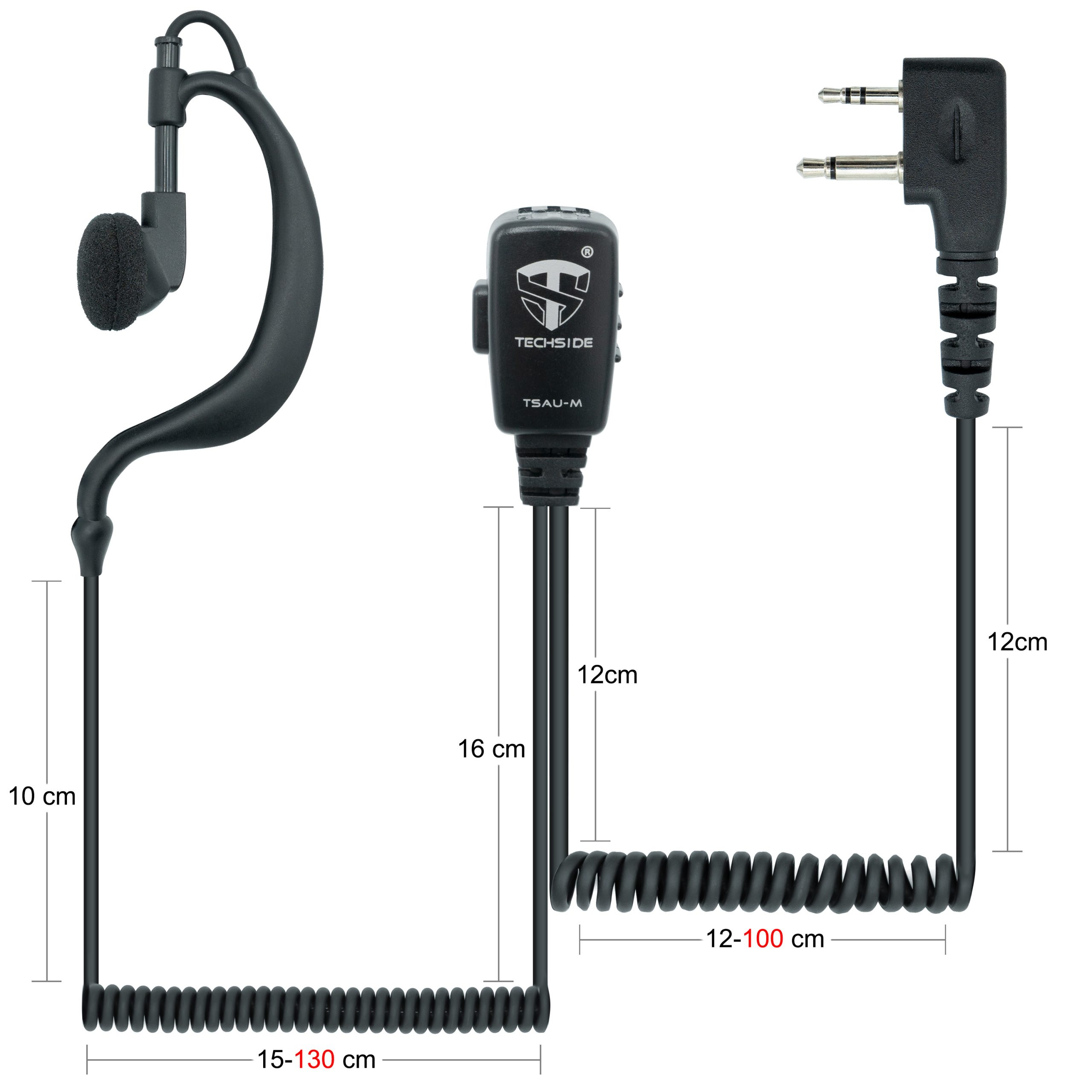 Cuffie nere con auricolare, microfono e due connettori. Le misure sono indicate. Il marchio è Techside, modello TSAU-M.