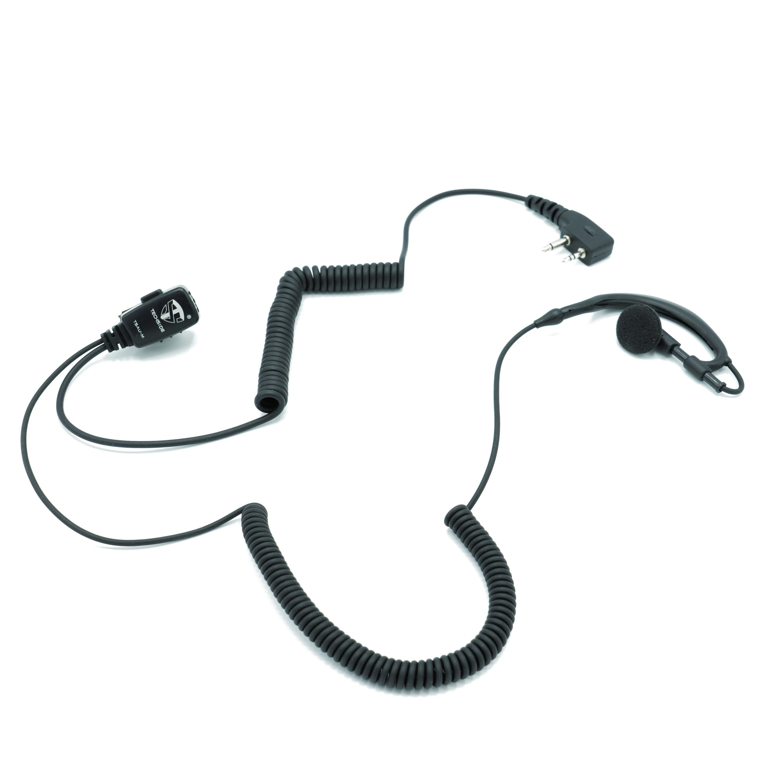 Cuffia nera su sfondo bianco. Include auricolare, microfono, cavi a spirale e diritti e un connettore.