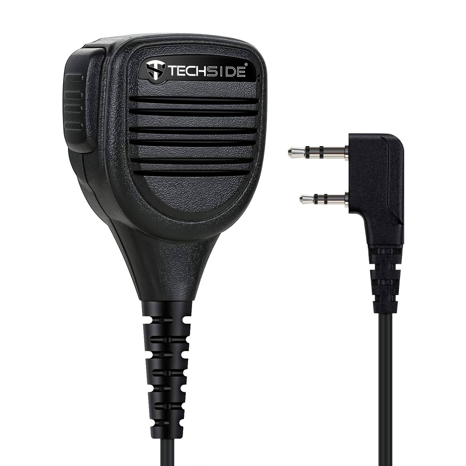 Un microfono TechSide nero con griglia per altoparlanti e spina. Il microfono è collegato a un cavo.