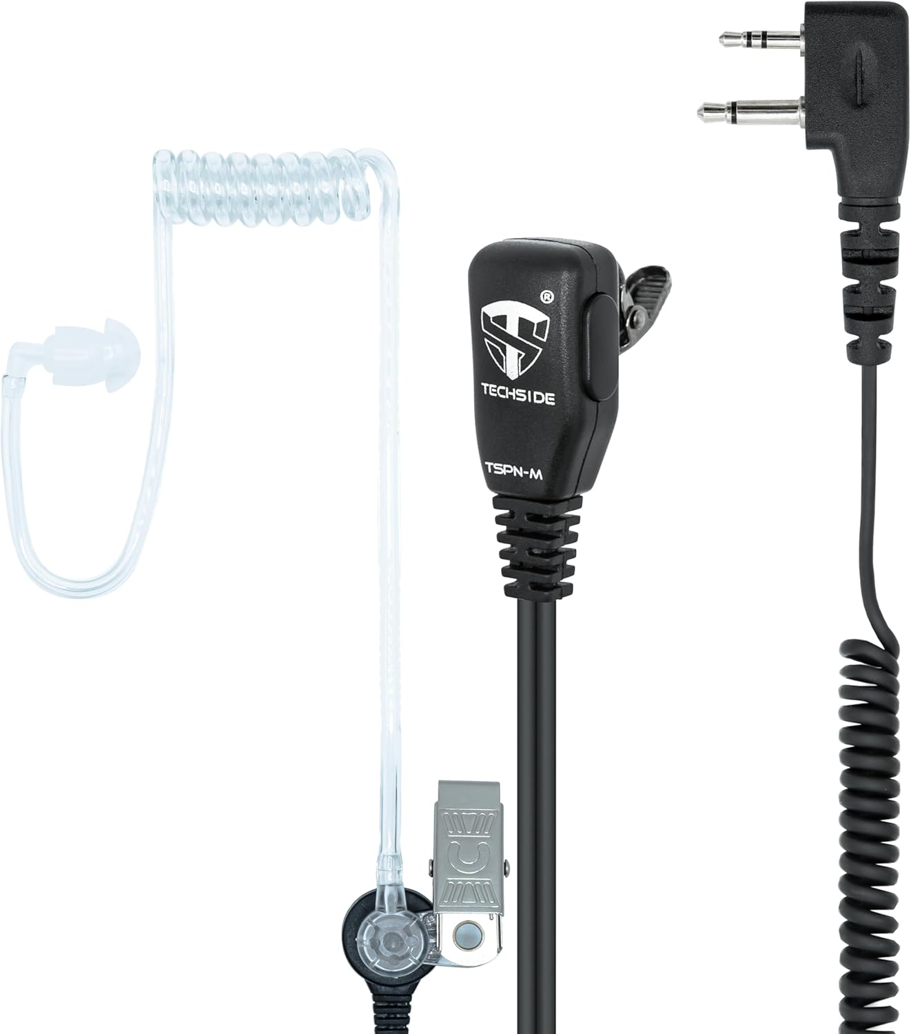 Un auricolare nero con un tubo trasparente, un microfono nero e un cavo nero a spirale, il tutto su sfondo bianco.