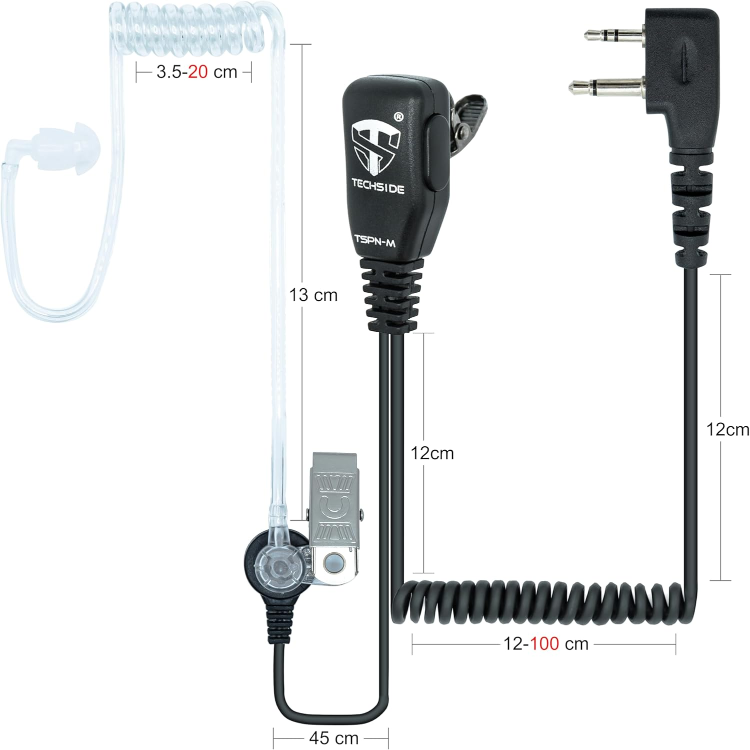 Auricolare nero Techside con tubo trasparente, clip e connettore a due pin. Le dimensioni sono indicate nell'immagine.