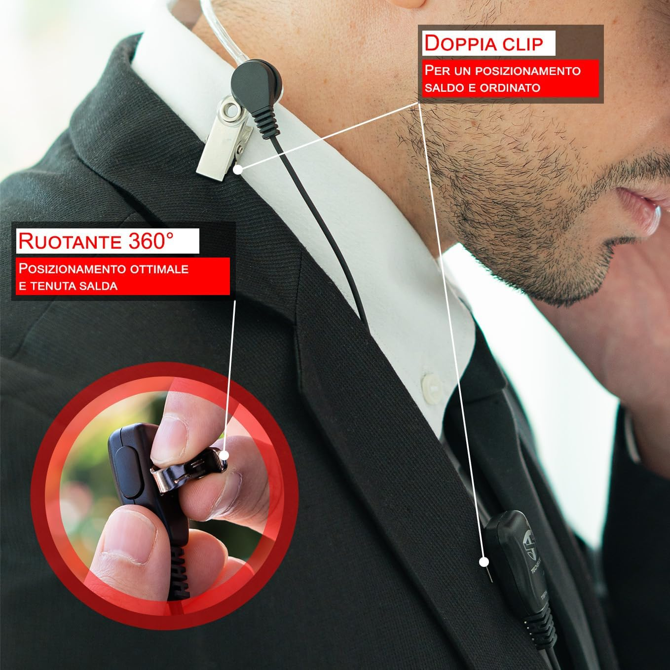 Un uomo in giacca e cravatta indossa un auricolare. L'immagine evidenzia le caratteristiche dell'auricolare come la rotazione a 360° e la doppia clip.