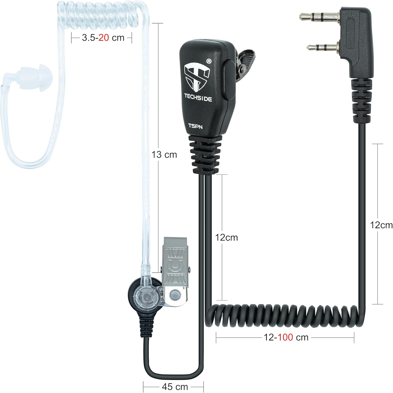 Auricolare nero con logo Techside, cavo a spirale e jack audio da 3,5 mm. Per comunicazioni radio.