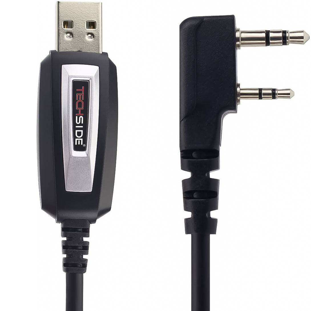 Cavo TECHSIDE nero con connettori USB e jack audio. L'USB è argentato, il jack audio è angolato. Sfondo bianco.