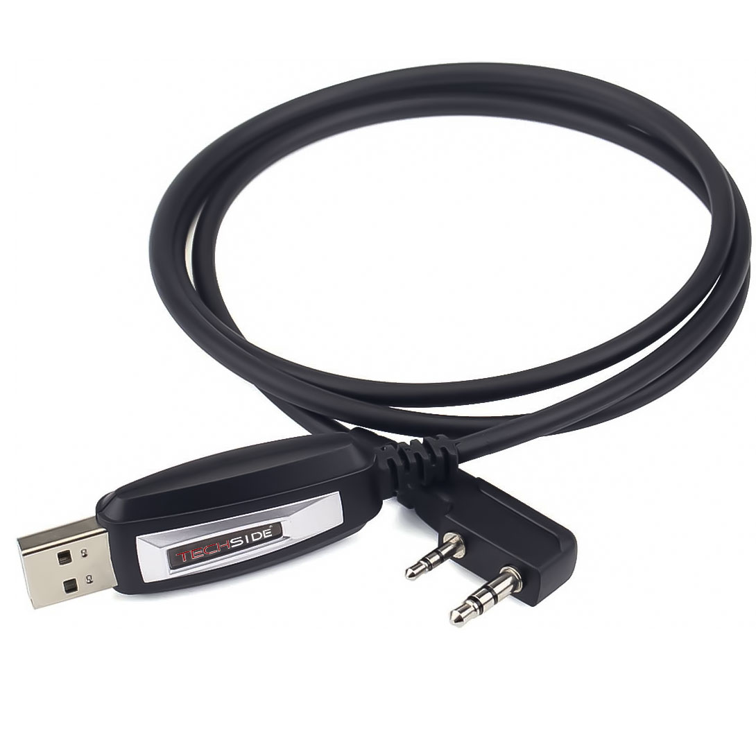 Un cavo USB nero con un connettore USB, un'etichetta TECHSIDE e due connettori audio. Il cavo è su sfondo bianco.