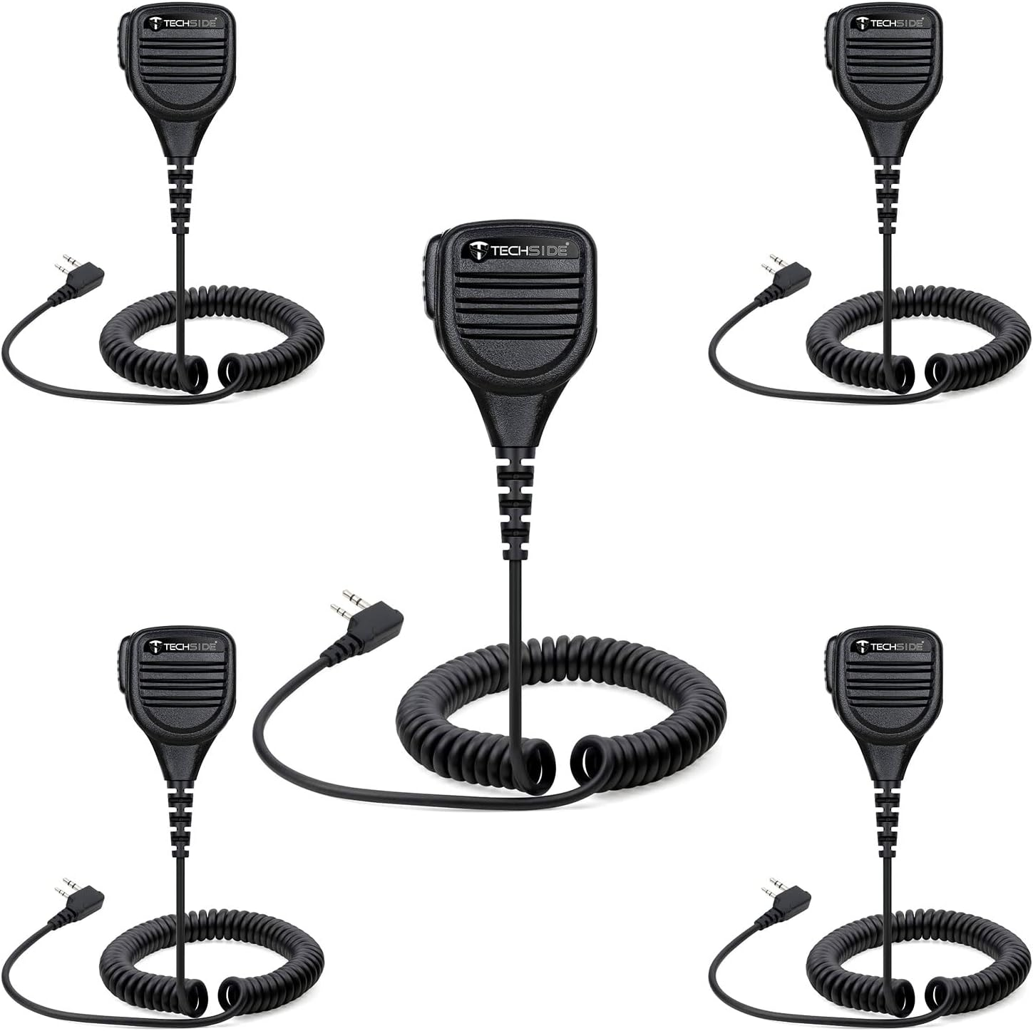 Cinque microfoni neri con cavi a spirale e spine da 3,5 mm, ciascuno con l'etichetta Techside, su sfondo bianco.
