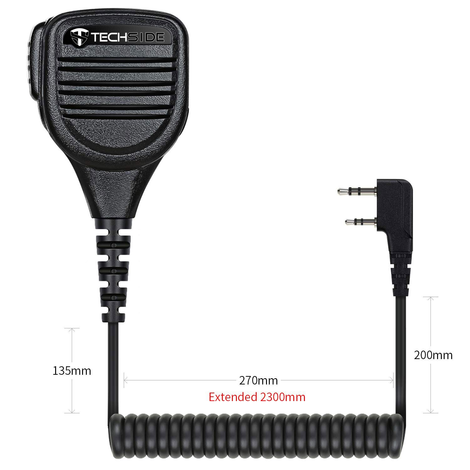 Microfono altoparlante Techside nero con cavo a spirale e connettore. Dimensioni: 135 mm, 270 mm, 2300 mm e 200 mm.