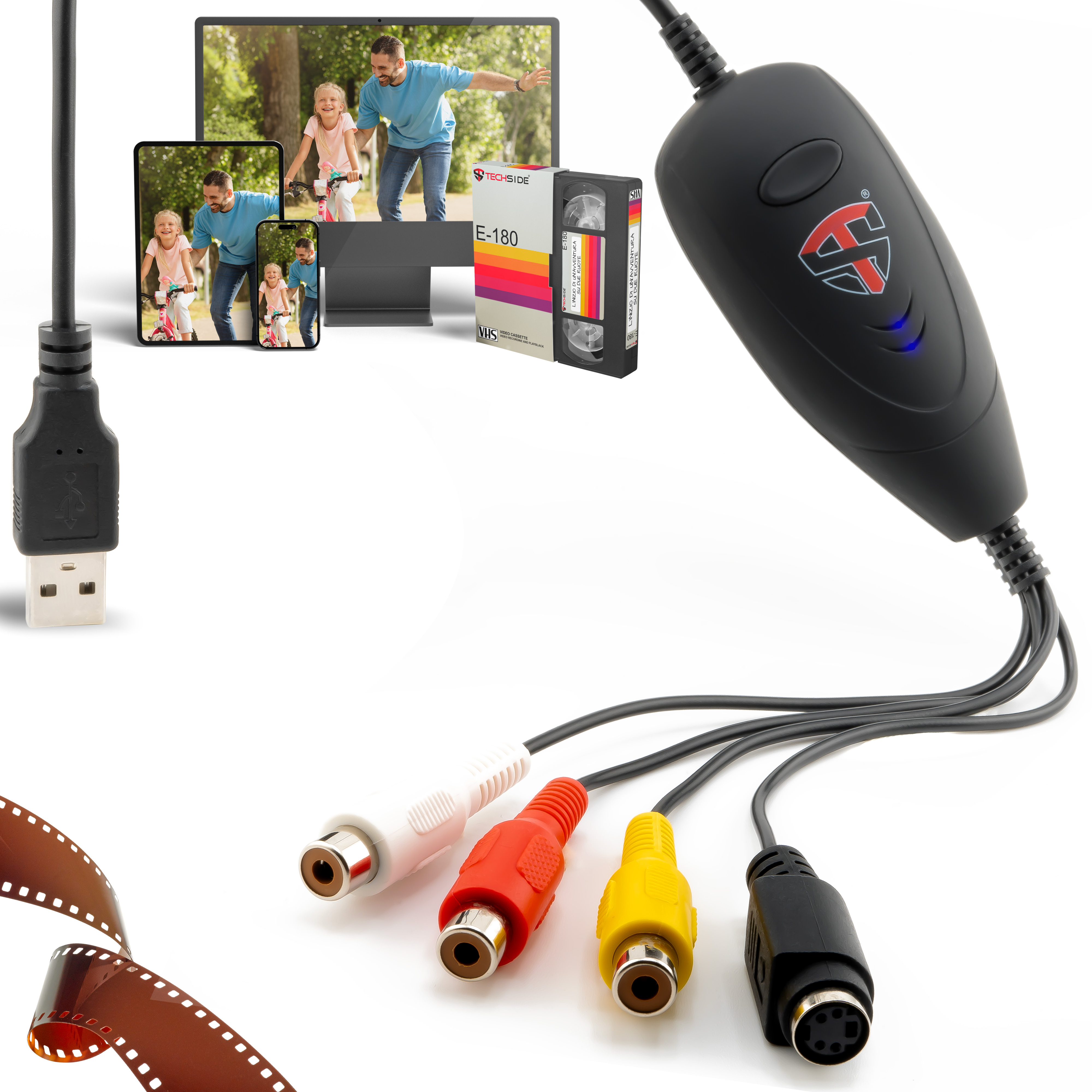Un dispositivo di acquisizione video con connettori USB, RCA e S-video. Una videocassetta VHS e schermi che mostrano una famiglia.