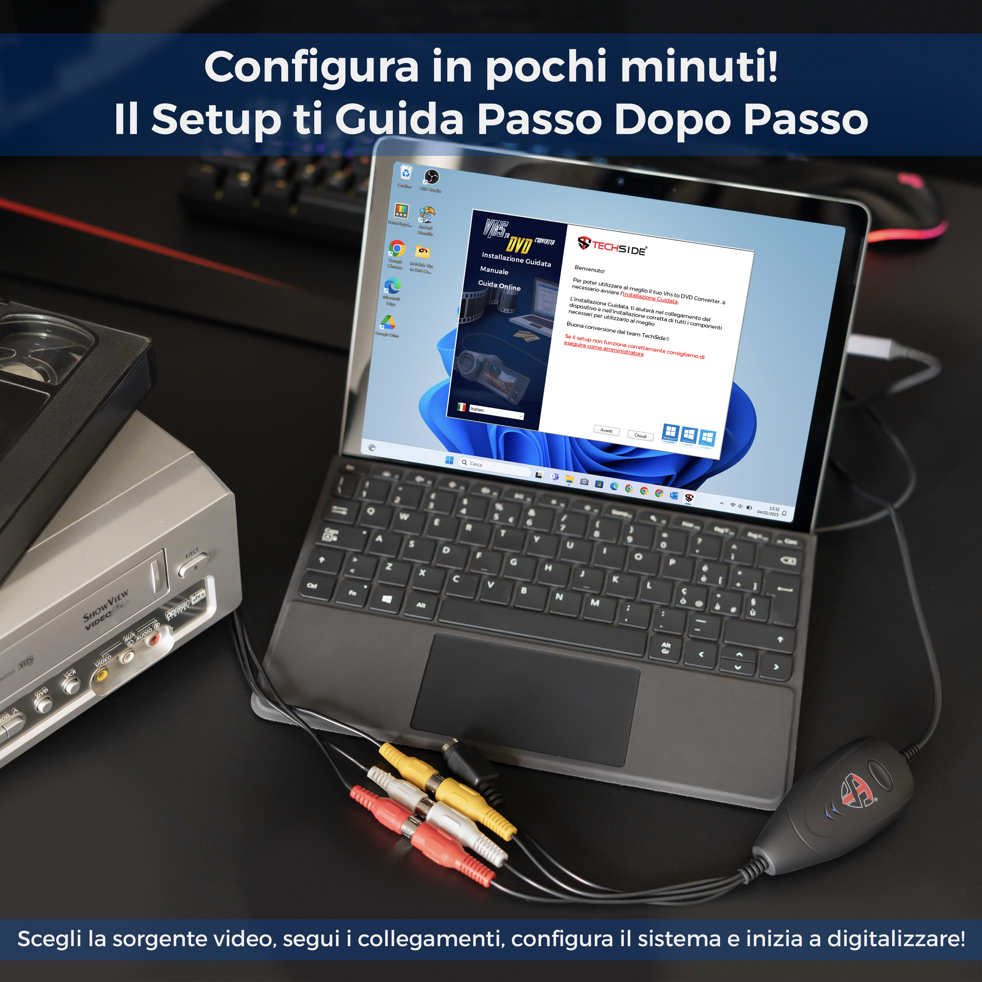 Un laptop si collega a un lettore VHS con cavi. Lo schermo mostra le istruzioni di configurazione. Una cassetta VHS è vicina.