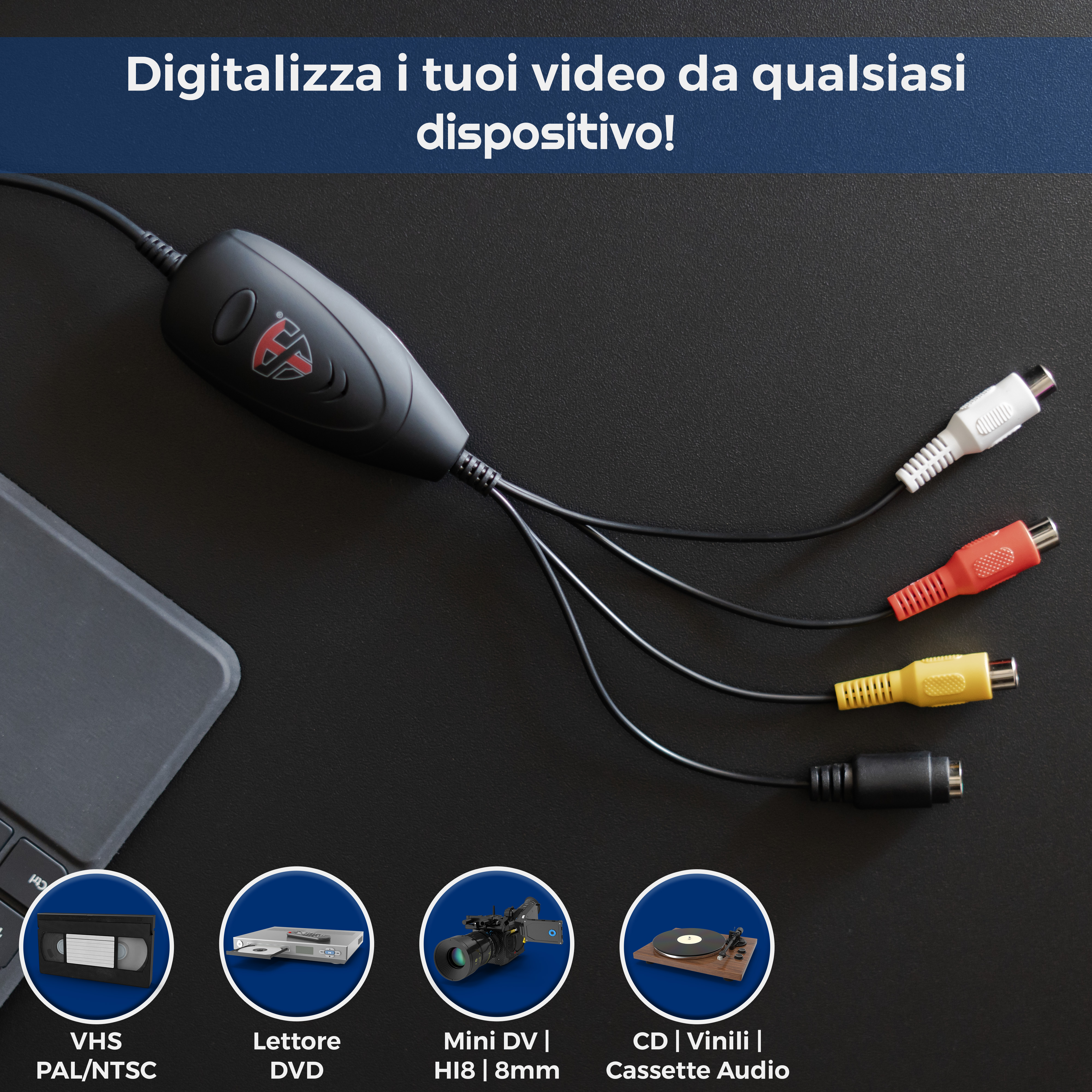 L'immagine mostra un digitalizzatore video con cavi e connettori. Sono visualizzate icone per VHS, DVD, Mini DV e CD.