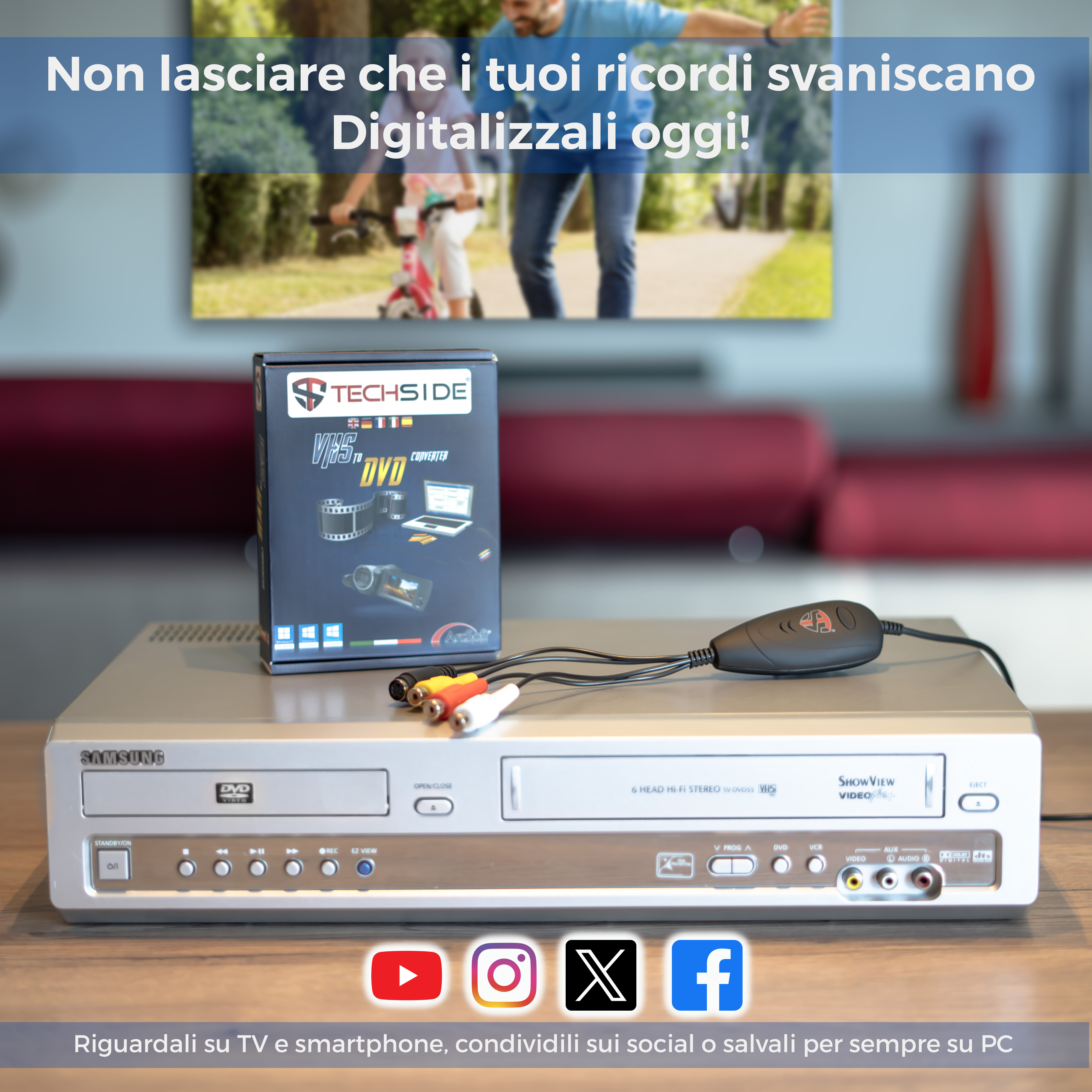 Un lettore DVD con convertitore VHS a DVD, cavi e una scatola. Lo sfondo mostra una persona con un bambino in bicicletta.