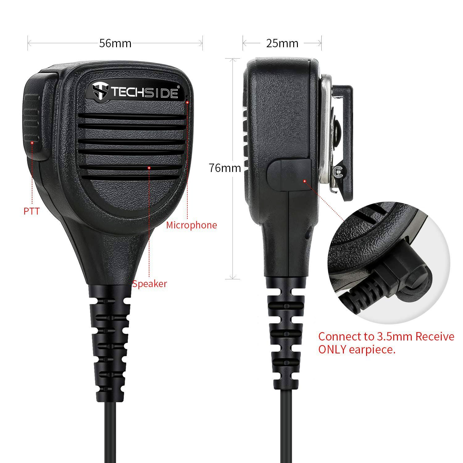 Un microfono Techside nero con dimensioni segnate. Ha un altoparlante, un microfono e un pulsante PTT. Viene mostrato un connettore per auricolari da 3,5 mm.