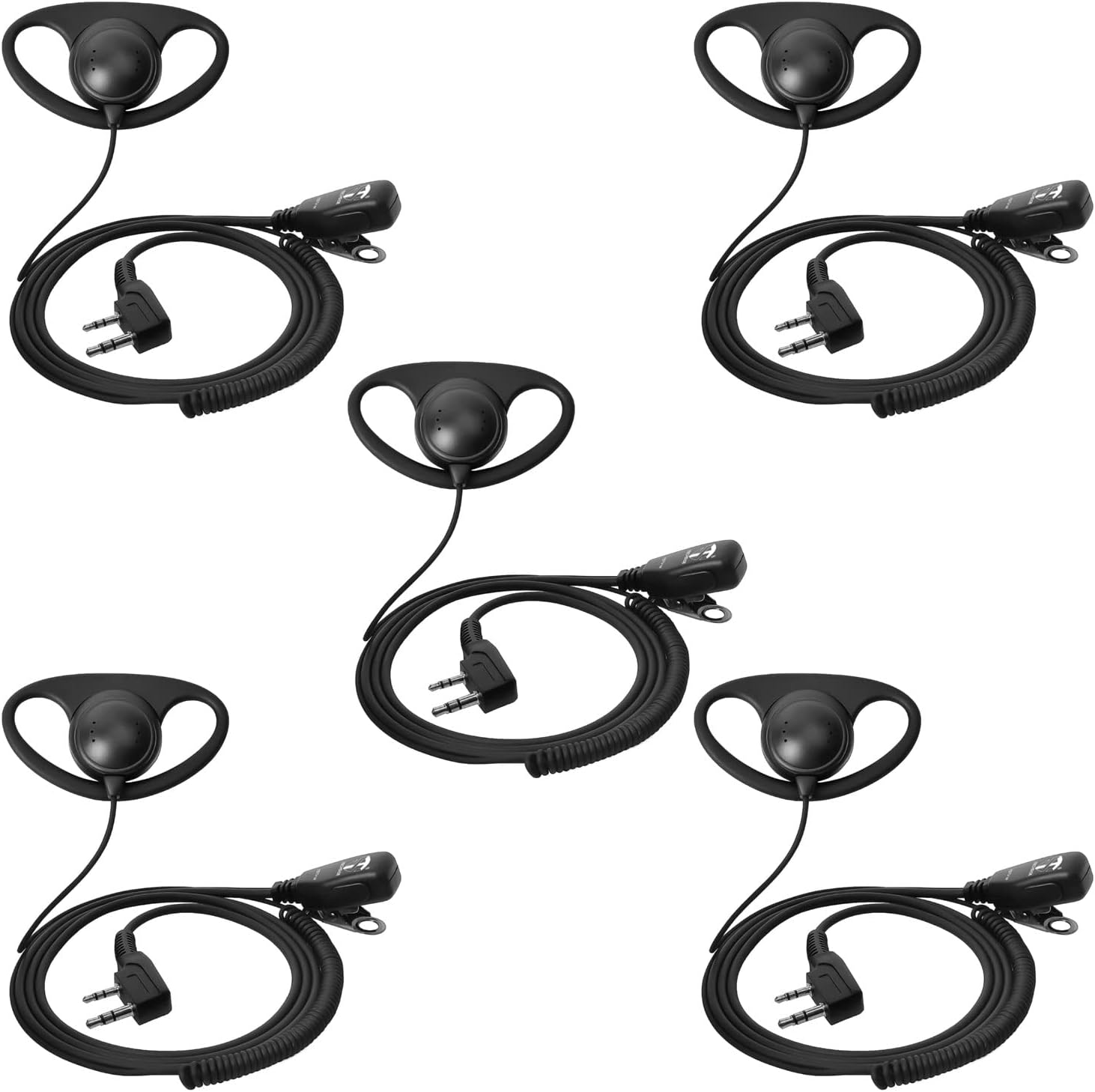 Auricolari radio neri con ganci a D, cavi a spirale e clip per microfono disposti su sfondo bianco.