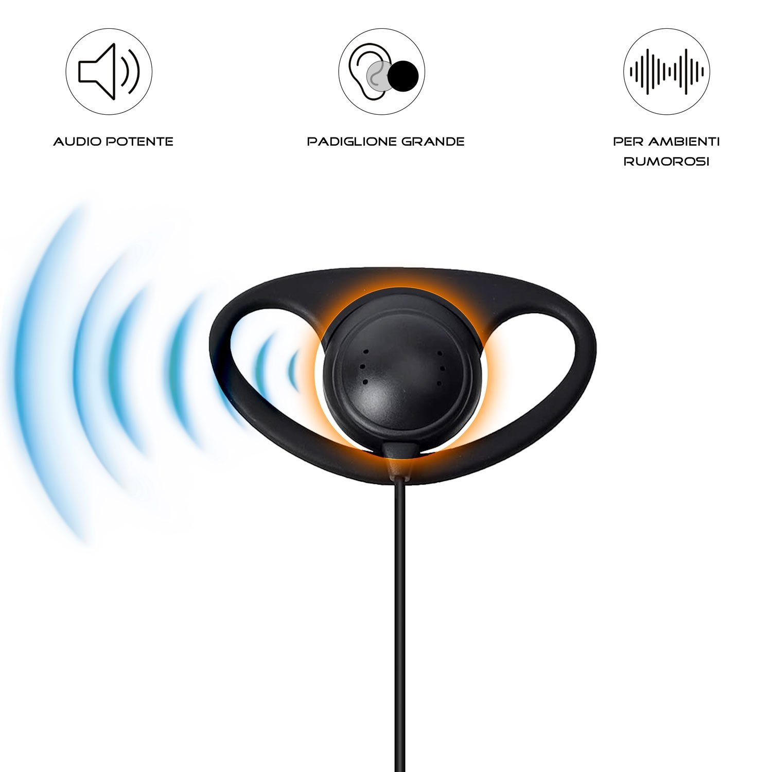 Auricolari neri con archetto. Il testo descrive 'audio potente', 'padiglione grande' e 'per ambienti rumorosi'.