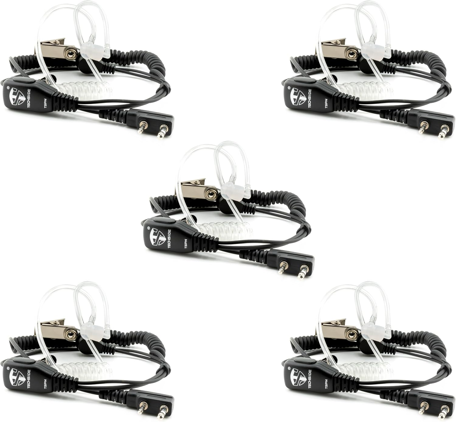 Cinque auricolari neri e trasparenti con clip, cavi a spirale e connettori su sfondo bianco.