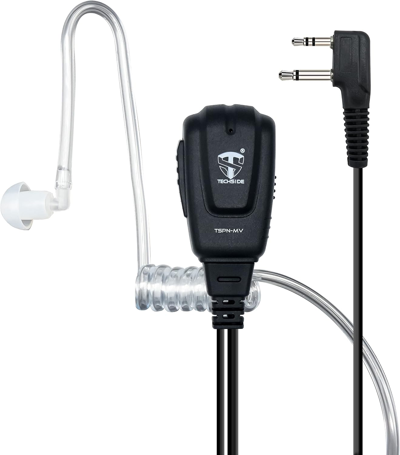 Auricolare nero con tubo trasparente e auricolare. Si collega a una scatola di controllo nera e a una spina angolata nera con due pin.