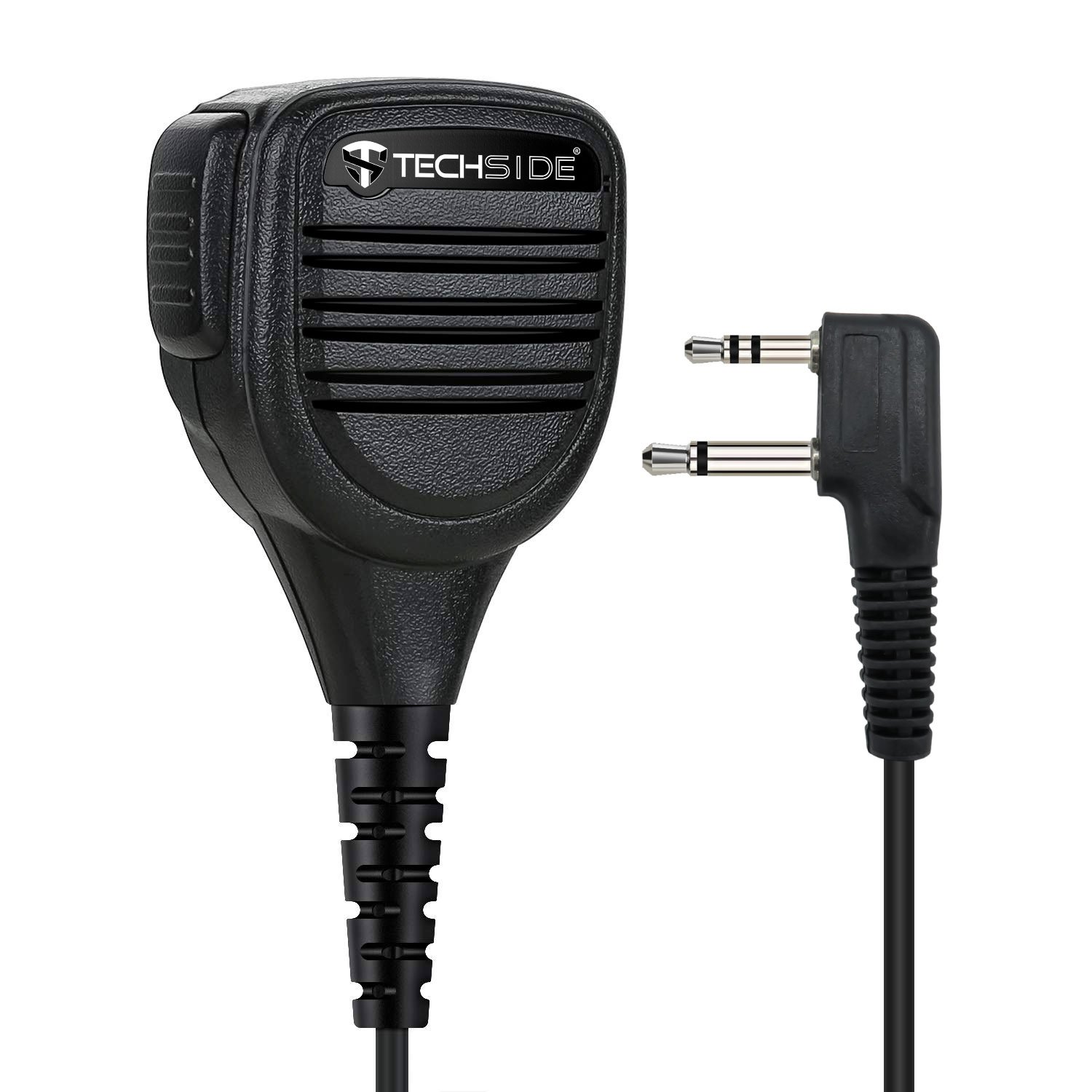 Microfono Techside nero con cavo e spina a due pin. Il microfono ha fessure orizzontali.