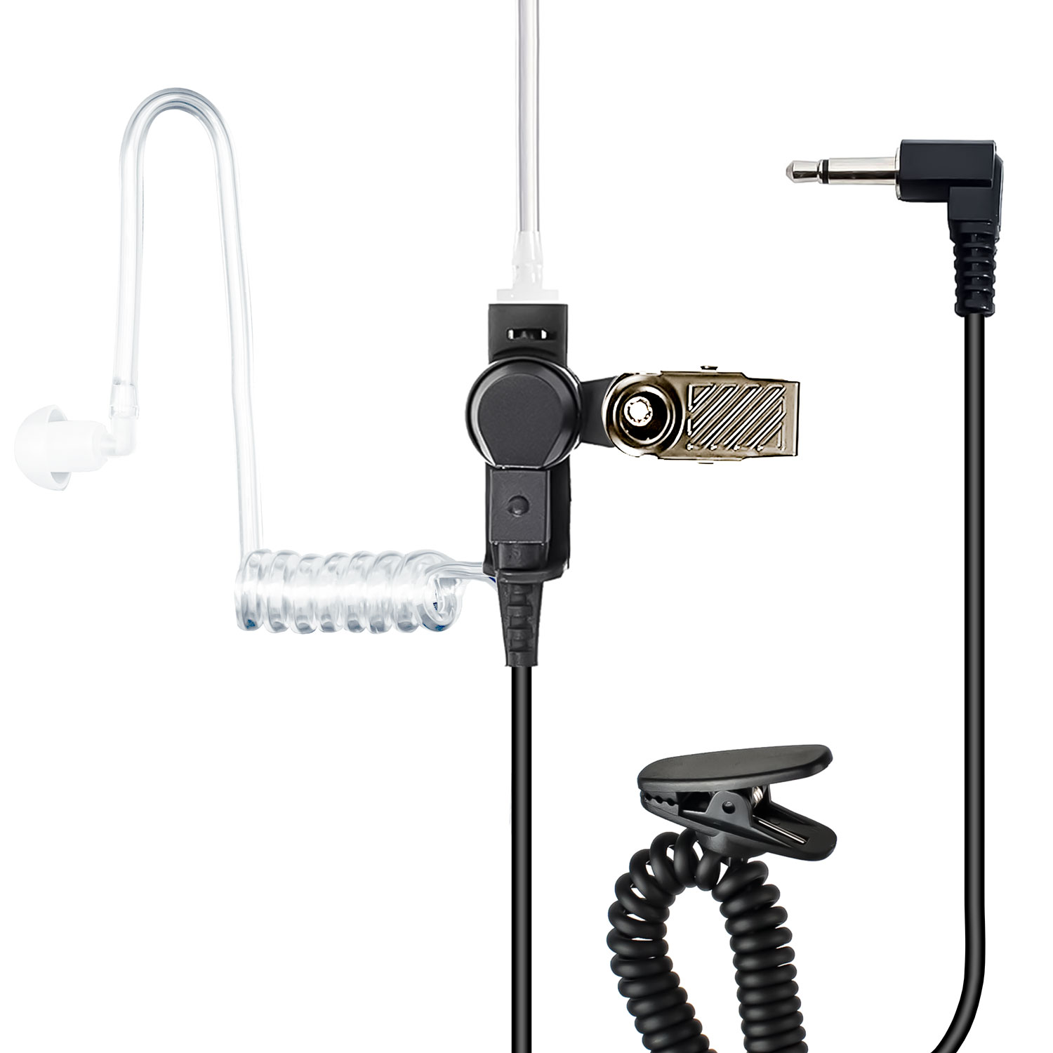 Un auricolare nero e trasparente con un tubo a spirale, una spina e una clip. L'auricolare è bianco e la spina è nera. Lo sfondo è bianco.
