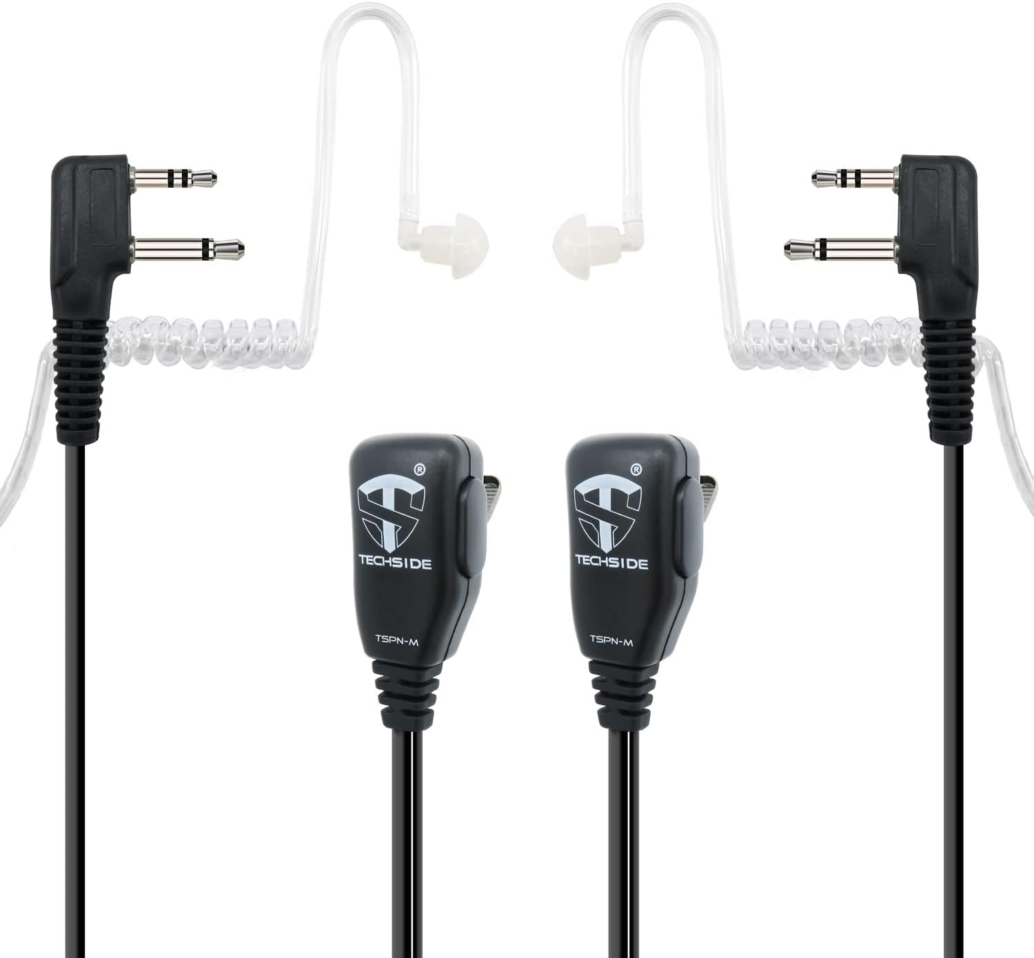 Auricolari neri con tubi trasparenti, cavi a spirale e spine nere. Due auricolari visibili, con logo Techside sul microfono.