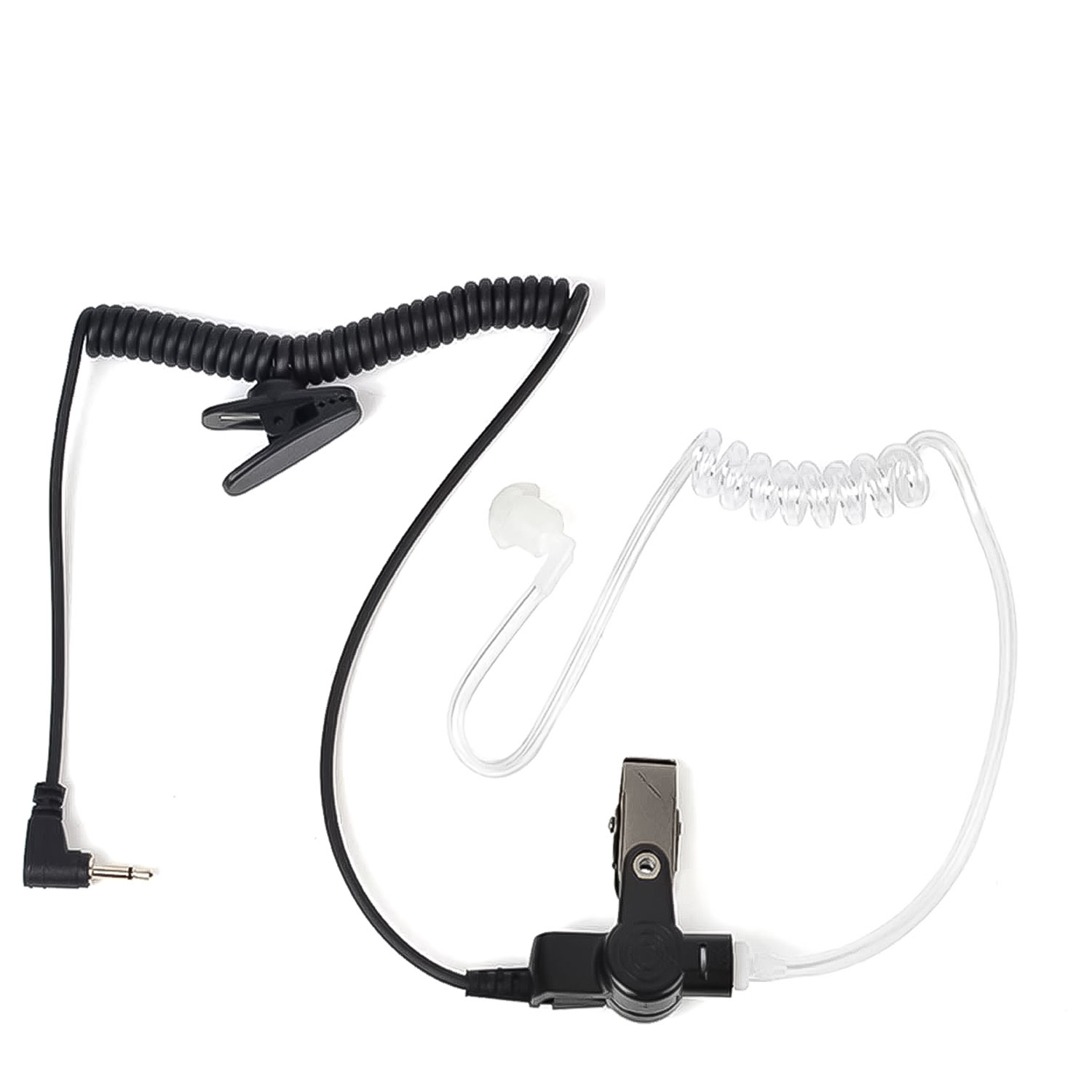 Auricolare nero e trasparente con clip e cavo a spirale su sfondo bianco.